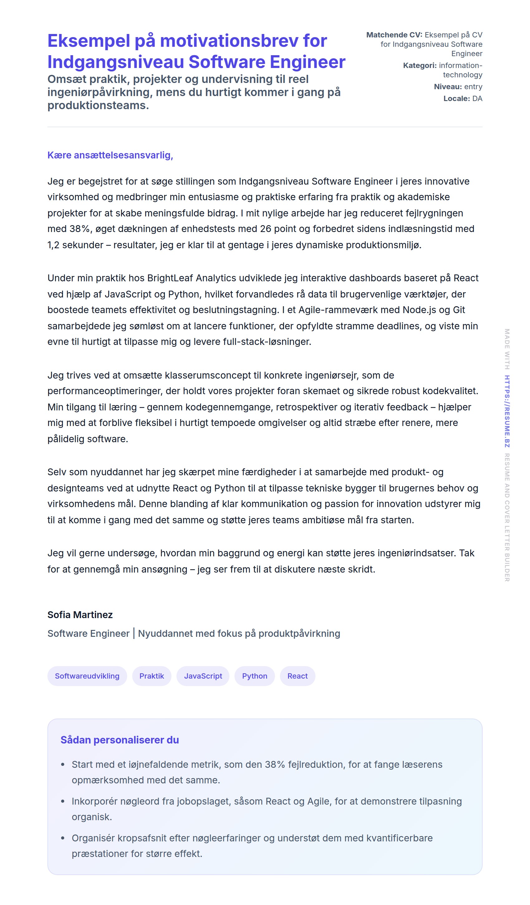 Ansøgningsbrev forhåndsvisning for Eksempel på motivationsbrev for Indgangsniveau Software Engineer