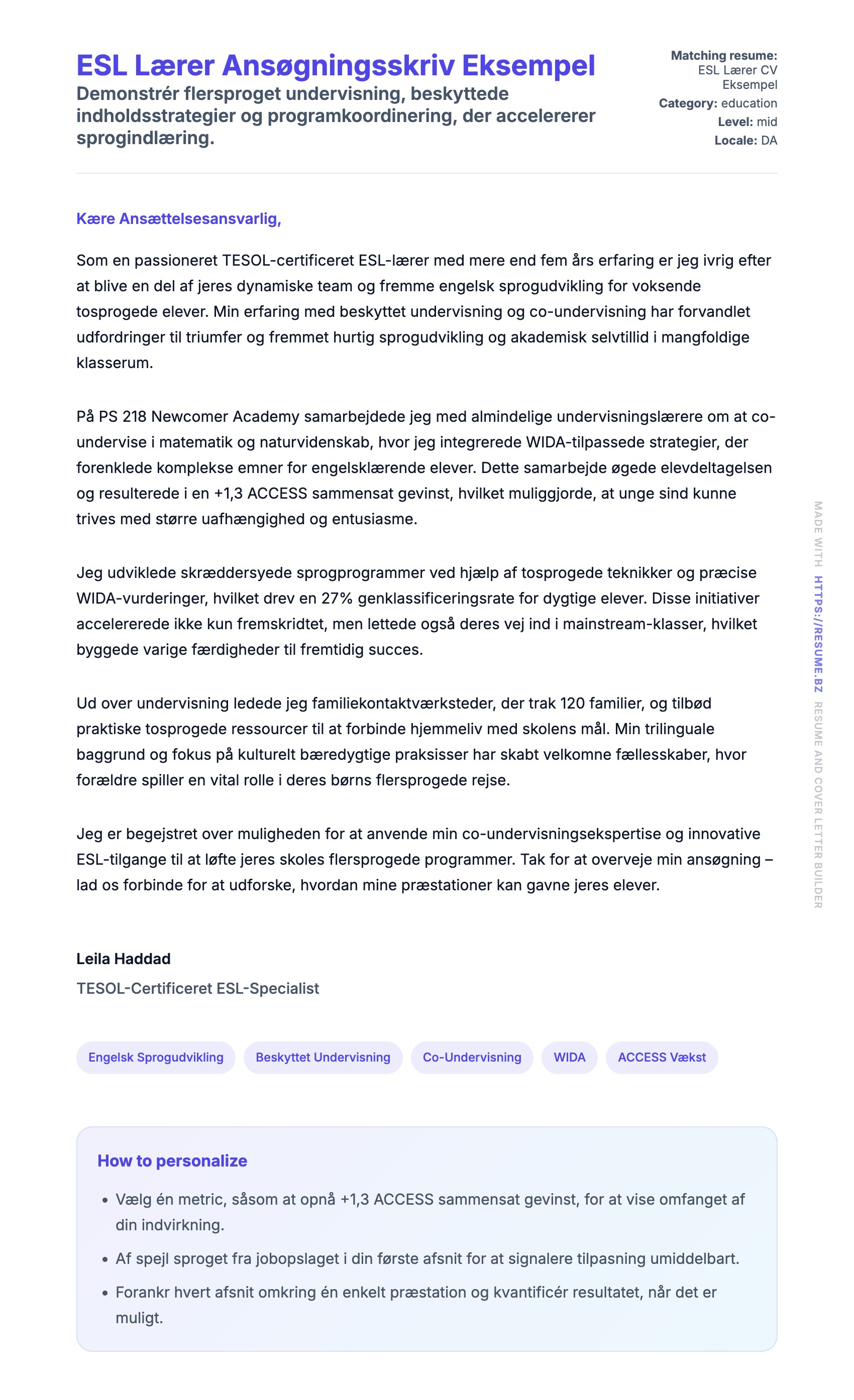 Ansøgningsbrev forhåndsvisning for ESL Lærer Ansøgningsskriv Eksempel