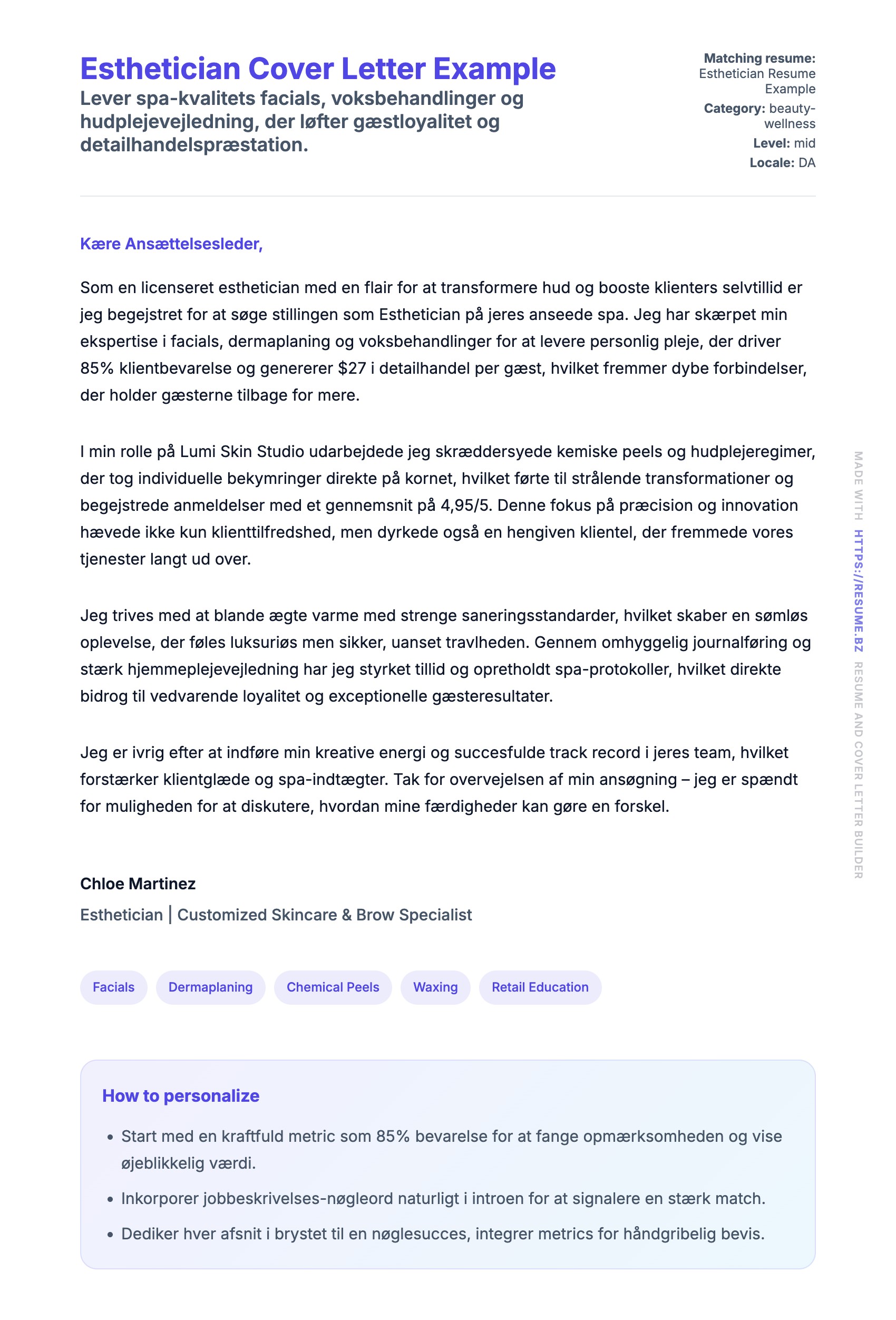 Ansøgningsbrev forhåndsvisning for Esthetician Cover Letter Example