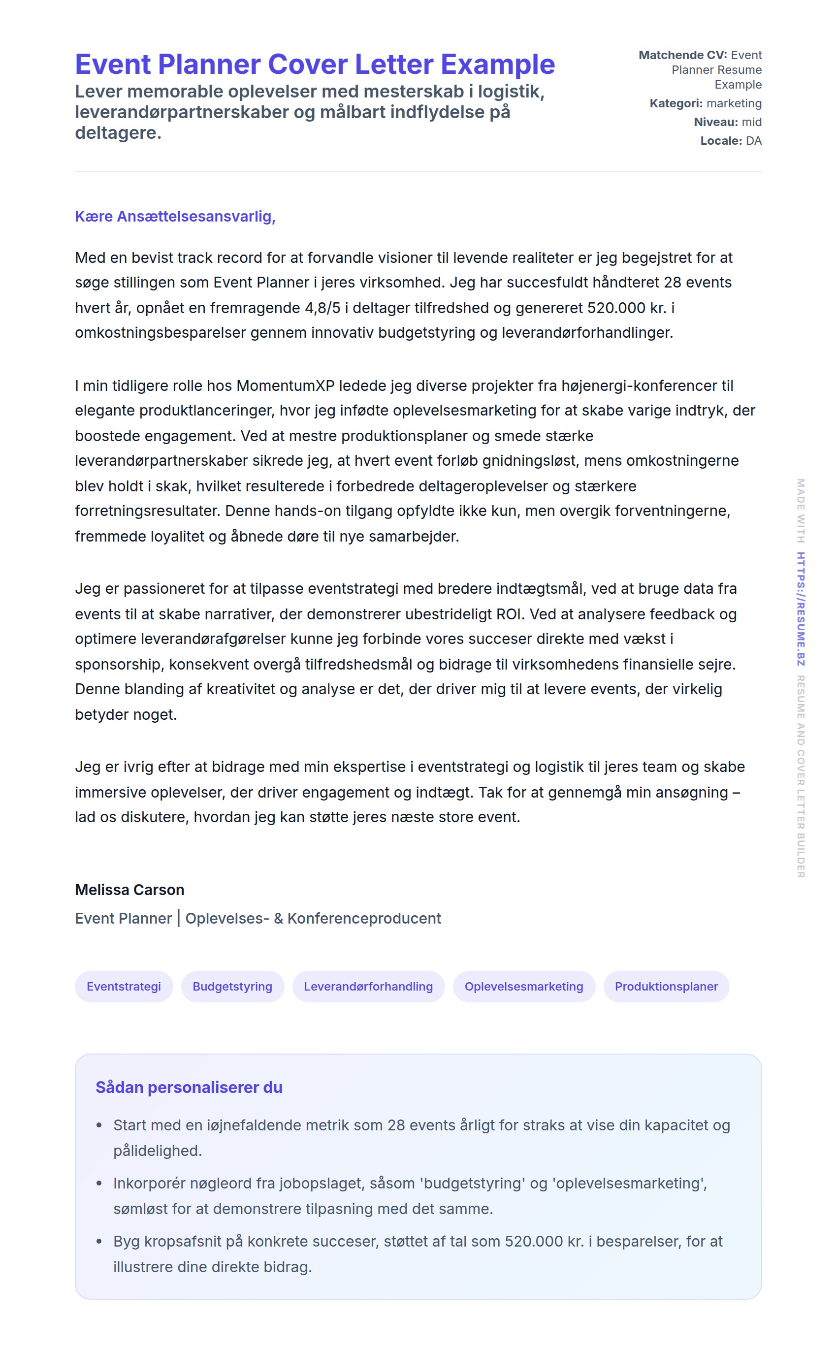 Ansøgningsbrev forhåndsvisning for Event Planner Cover Letter Example