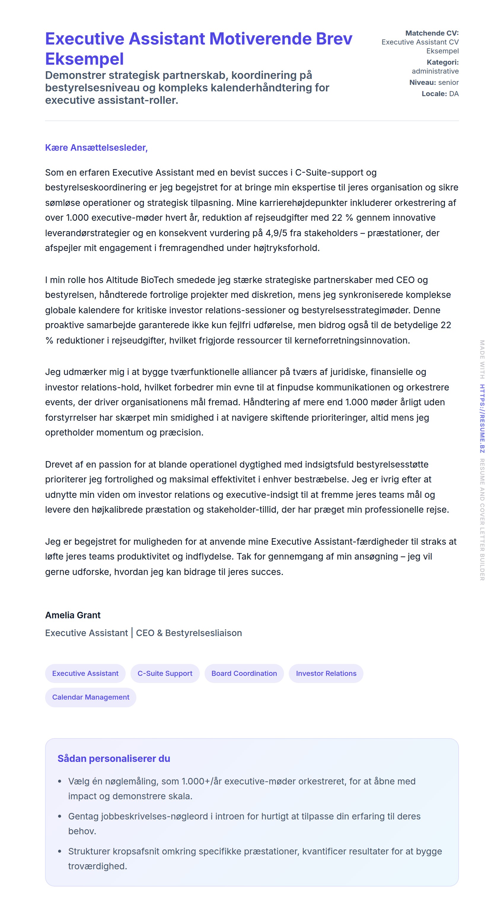 Ansøgningsbrev forhåndsvisning for Executive Assistant Motiverende Brev Eksempel