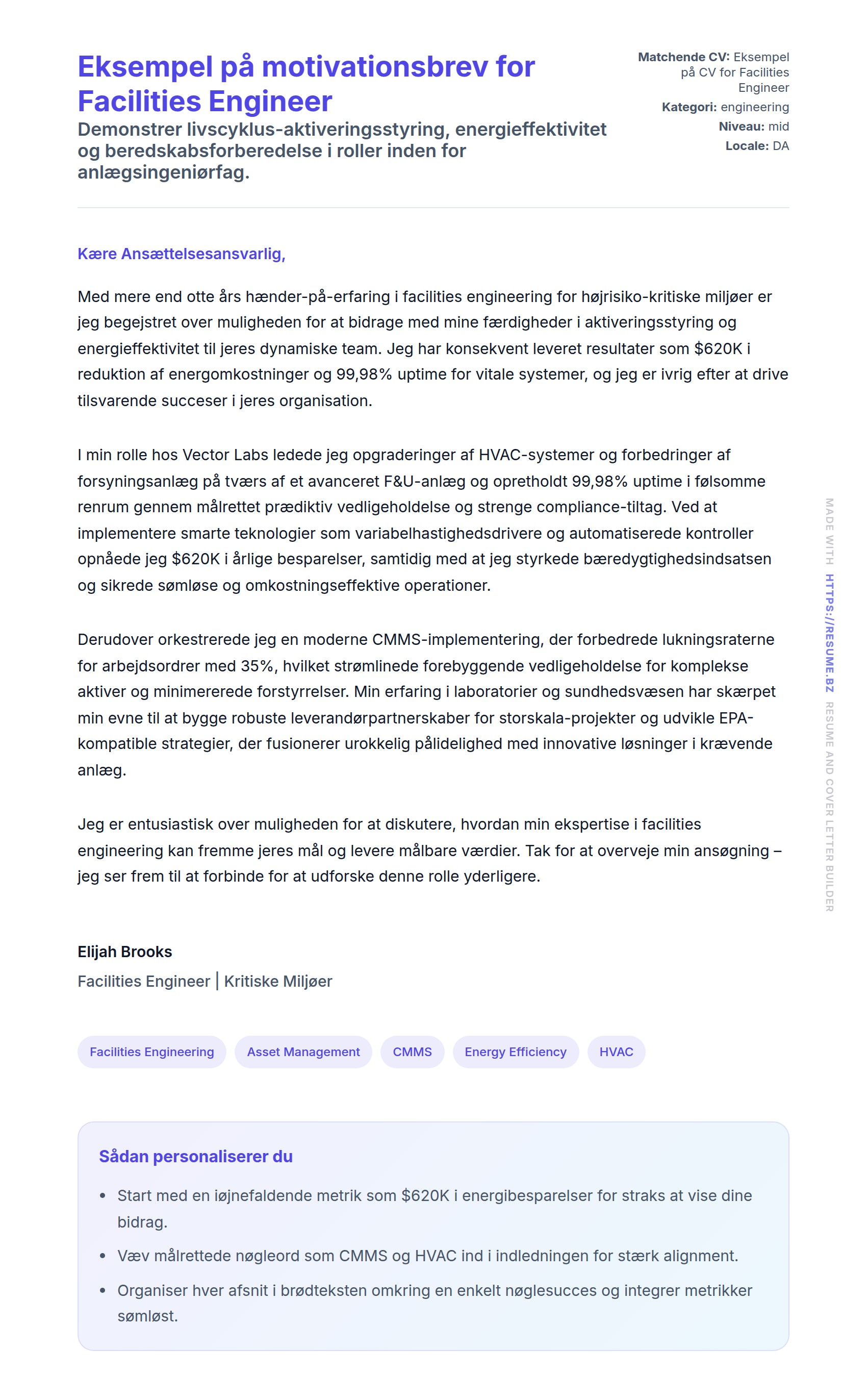 Ansøgningsbrev forhåndsvisning for Eksempel på motivationsbrev for Facilities Engineer