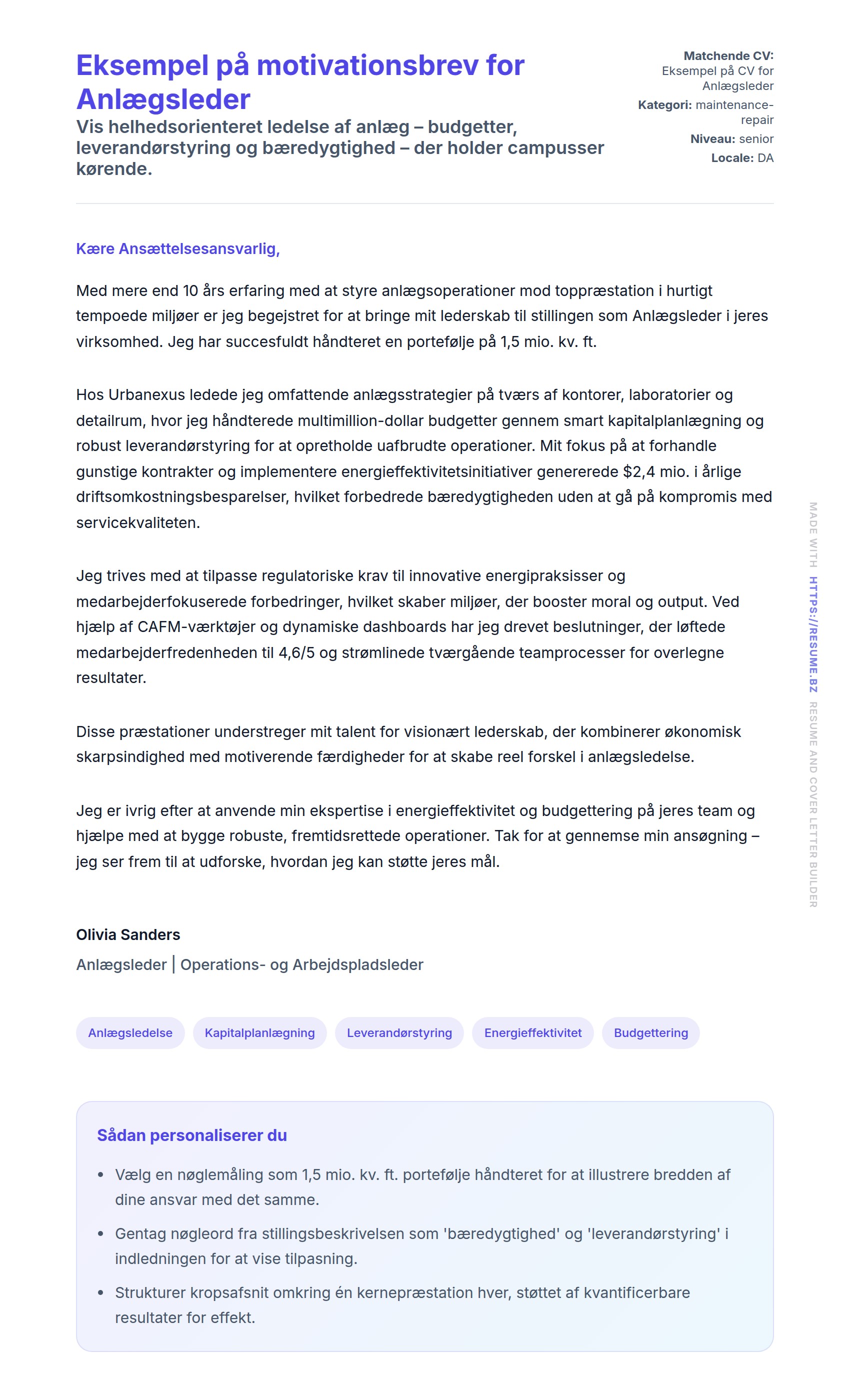 Ansøgningsbrev forhåndsvisning for Eksempel på motivationsbrev for Anlægsleder