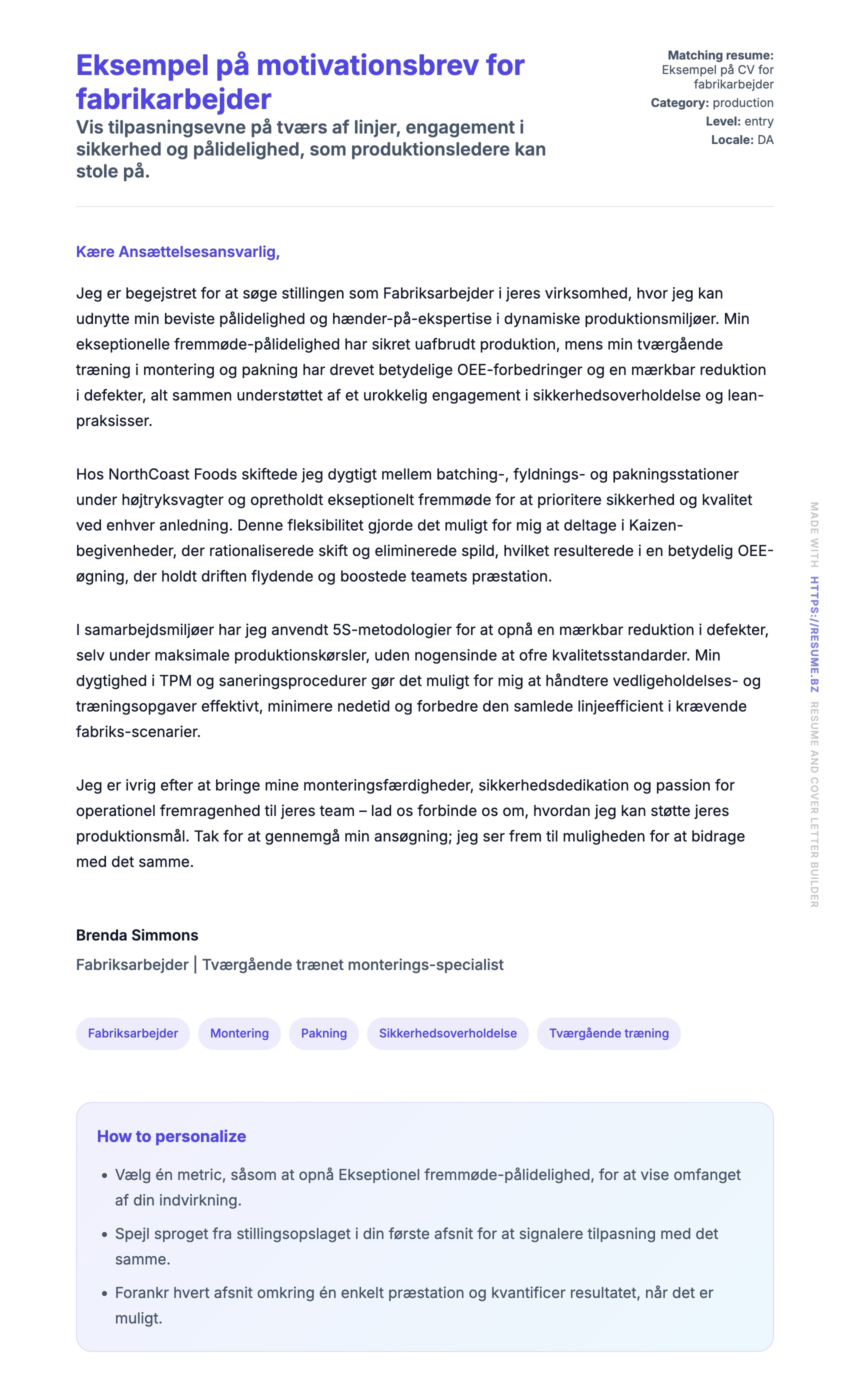 Ansøgningsbrev forhåndsvisning for Eksempel på motivationsbrev for fabrikarbejder