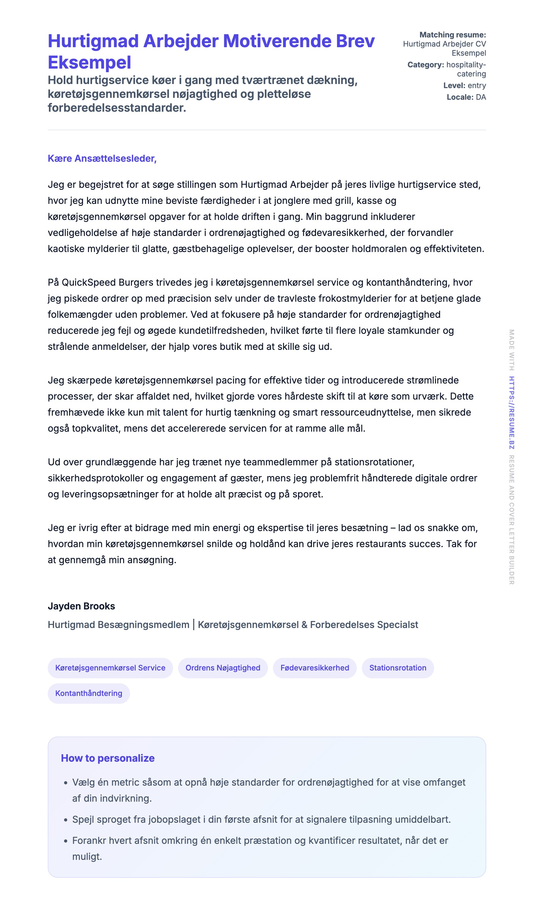 Ansøgningsbrev forhåndsvisning for Hurtigmad Arbejder Motiverende Brev Eksempel