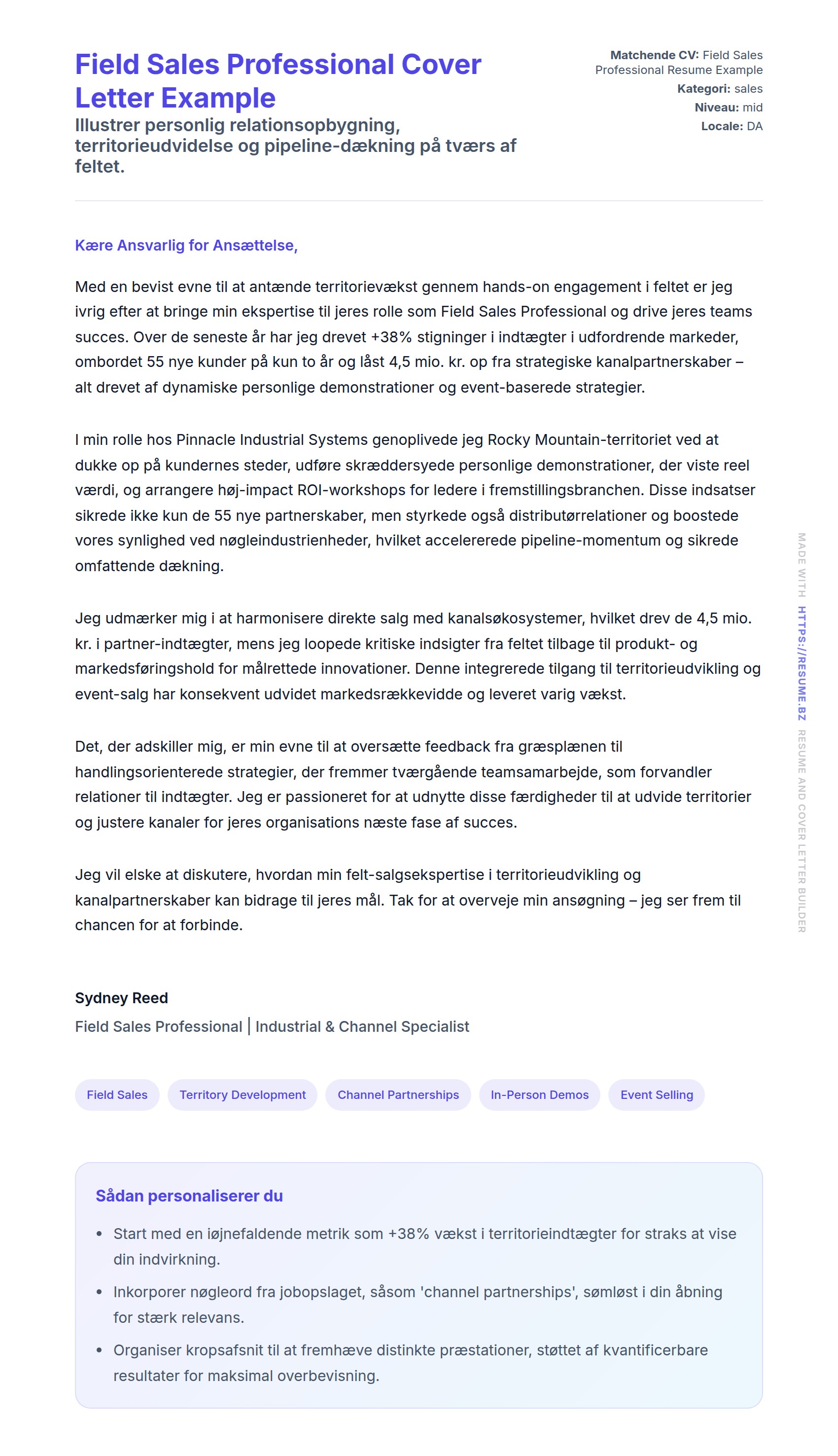 Field Sales Professional Cover Letter Example