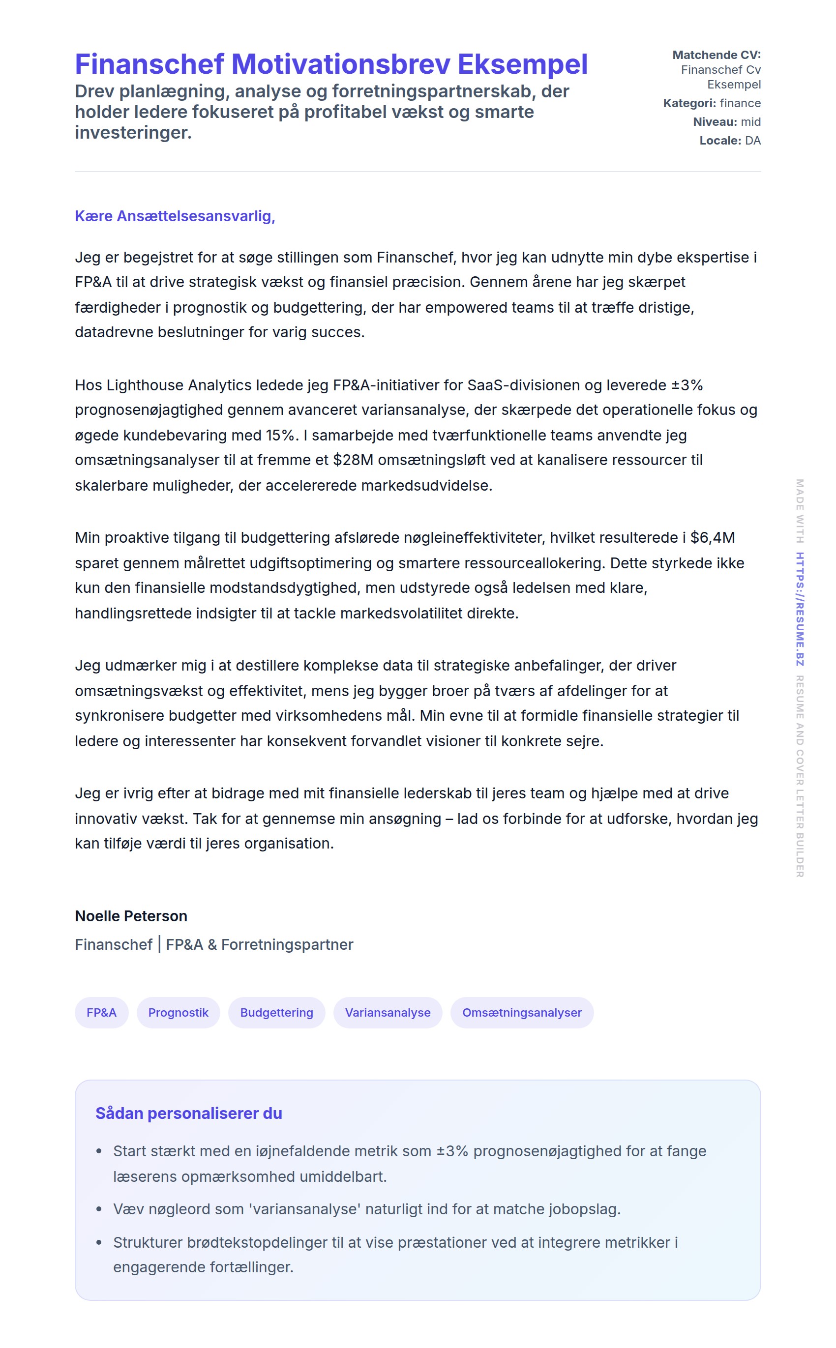 Ansøgningsbrev forhåndsvisning for Finanschef Motivationsbrev Eksempel