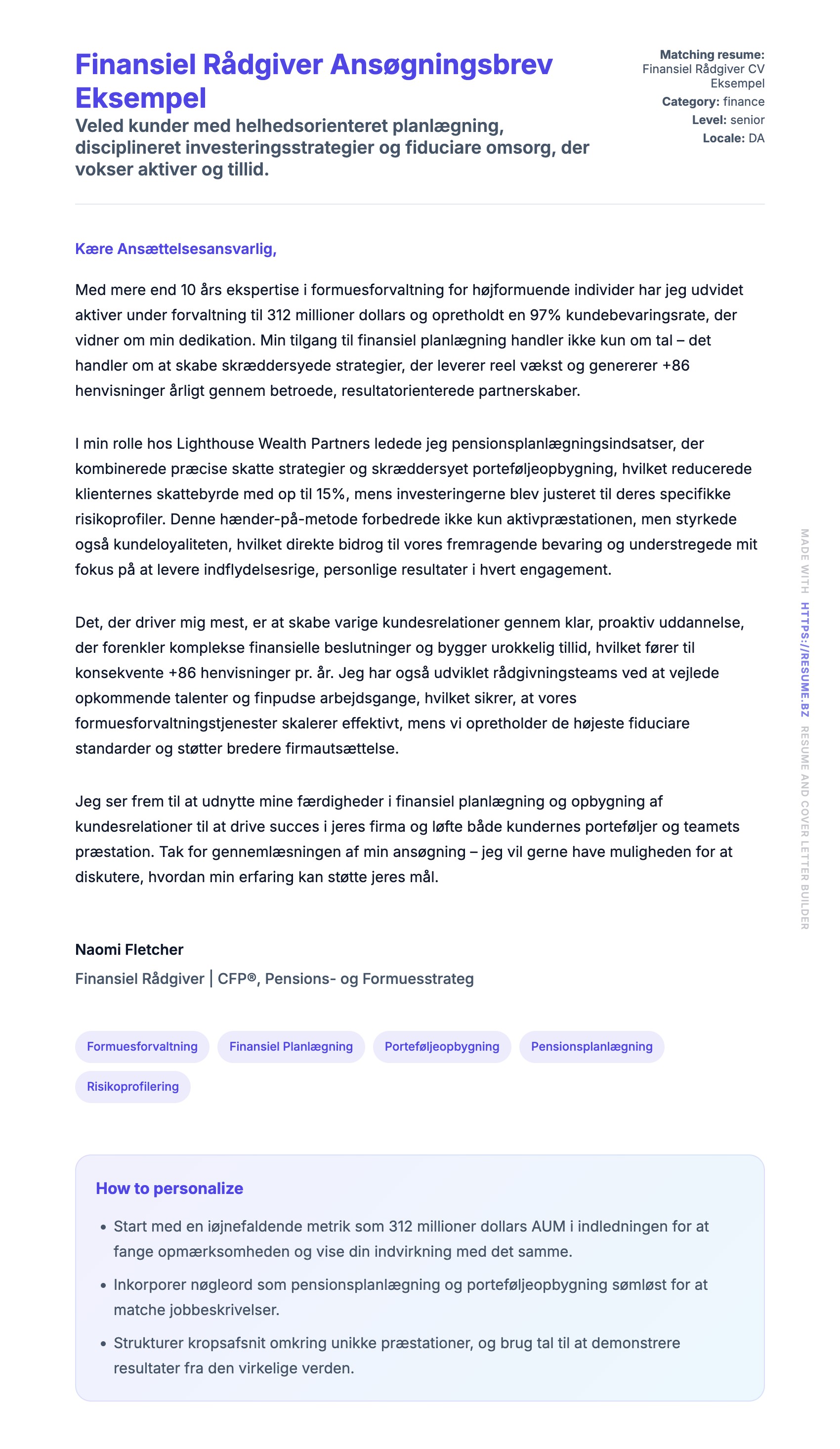 Ansøgningsbrev forhåndsvisning for Finansiel Rådgiver Ansøgningsbrev Eksempel