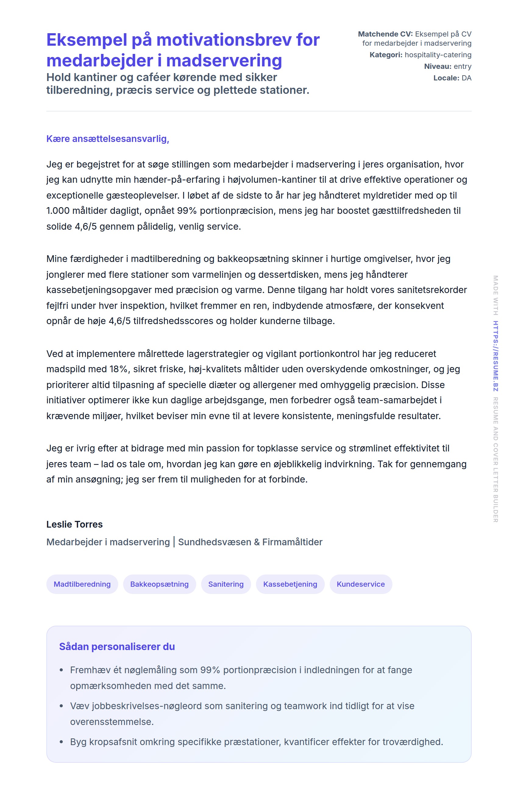 Ansøgningsbrev forhåndsvisning for Eksempel på motivationsbrev for medarbejder i madservering