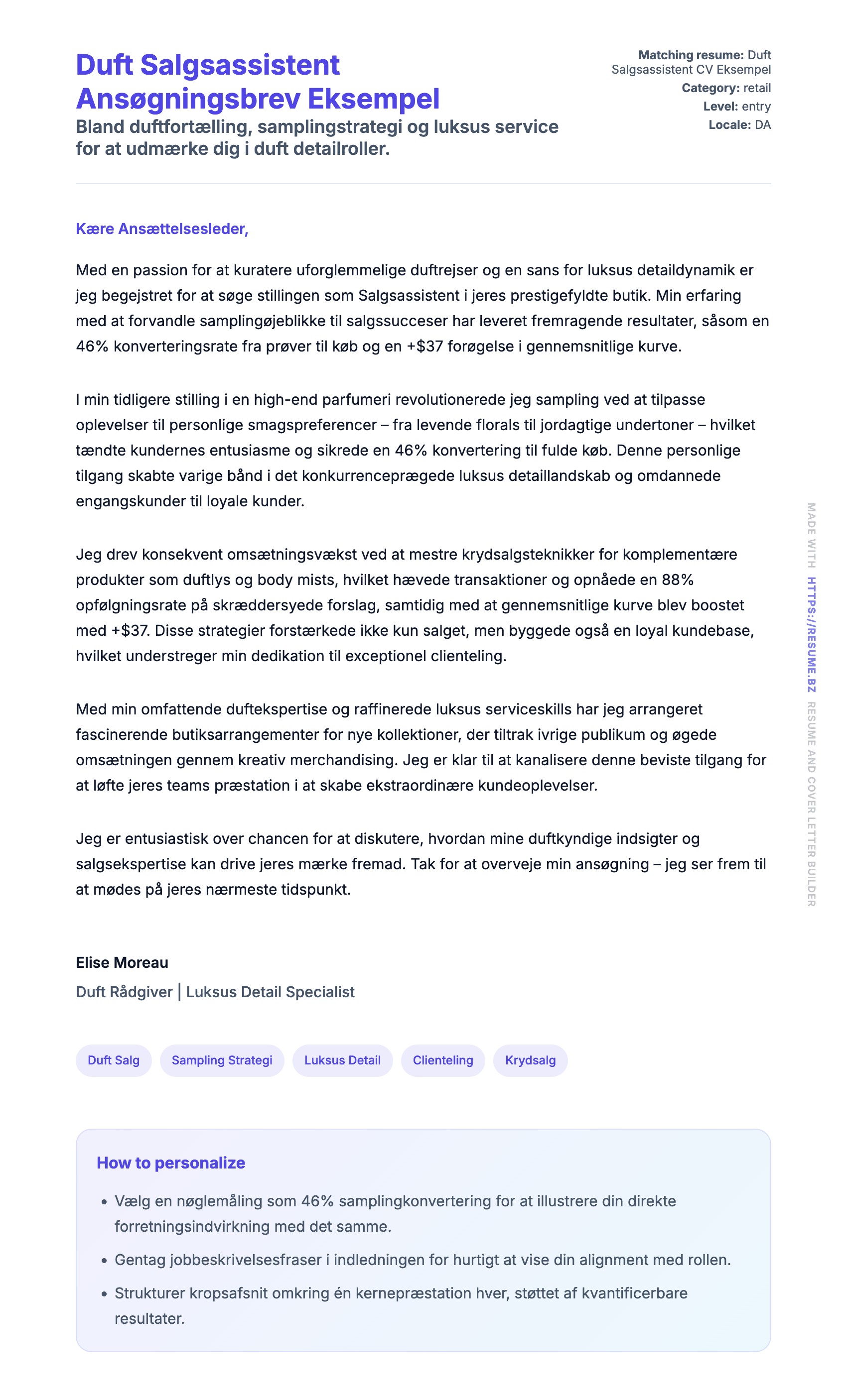 Ansøgningsbrev forhåndsvisning for Duft Salgsassistent Ansøgningsbrev Eksempel