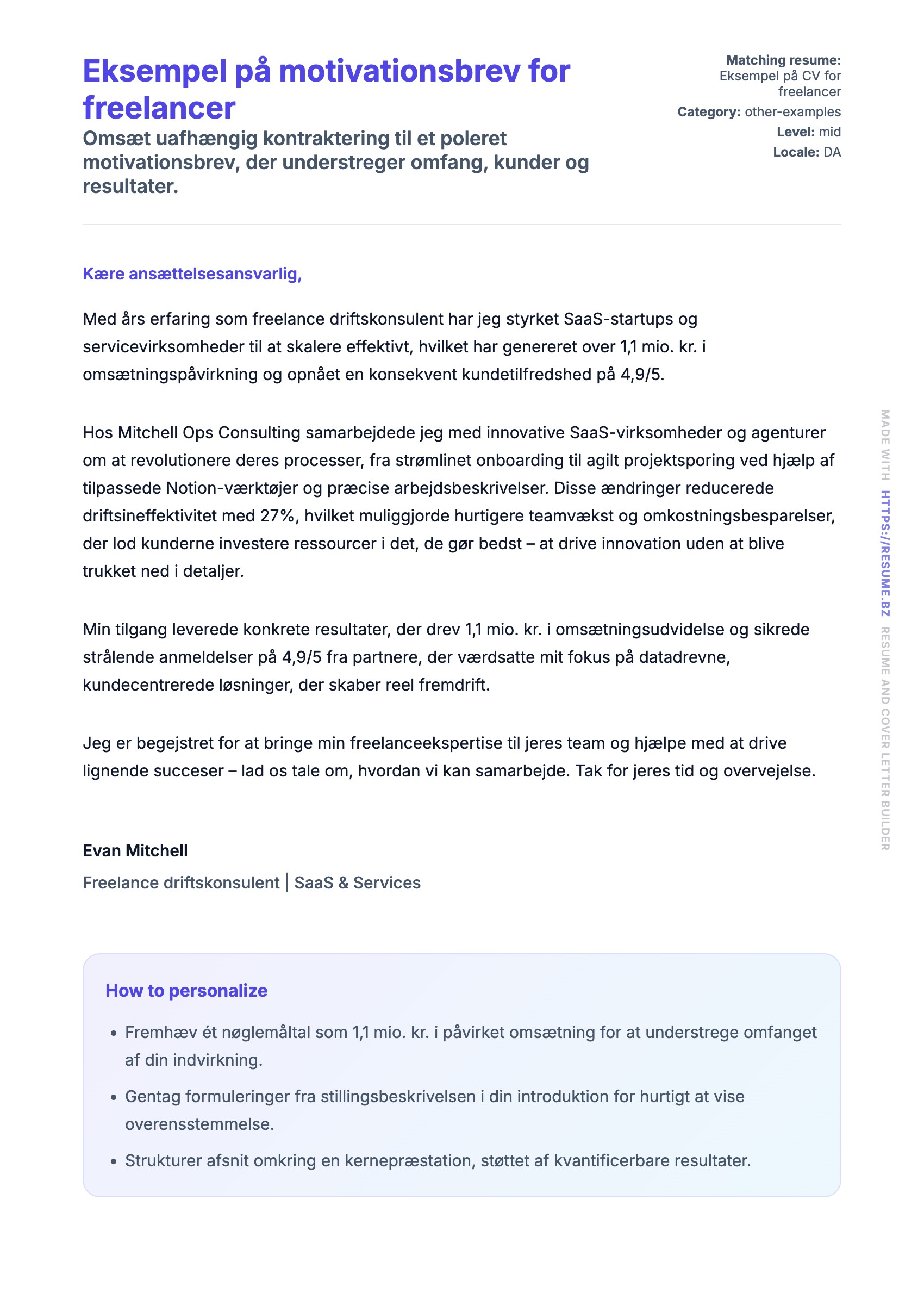 Ansøgningsbrev forhåndsvisning for Eksempel på motivationsbrev for freelancer