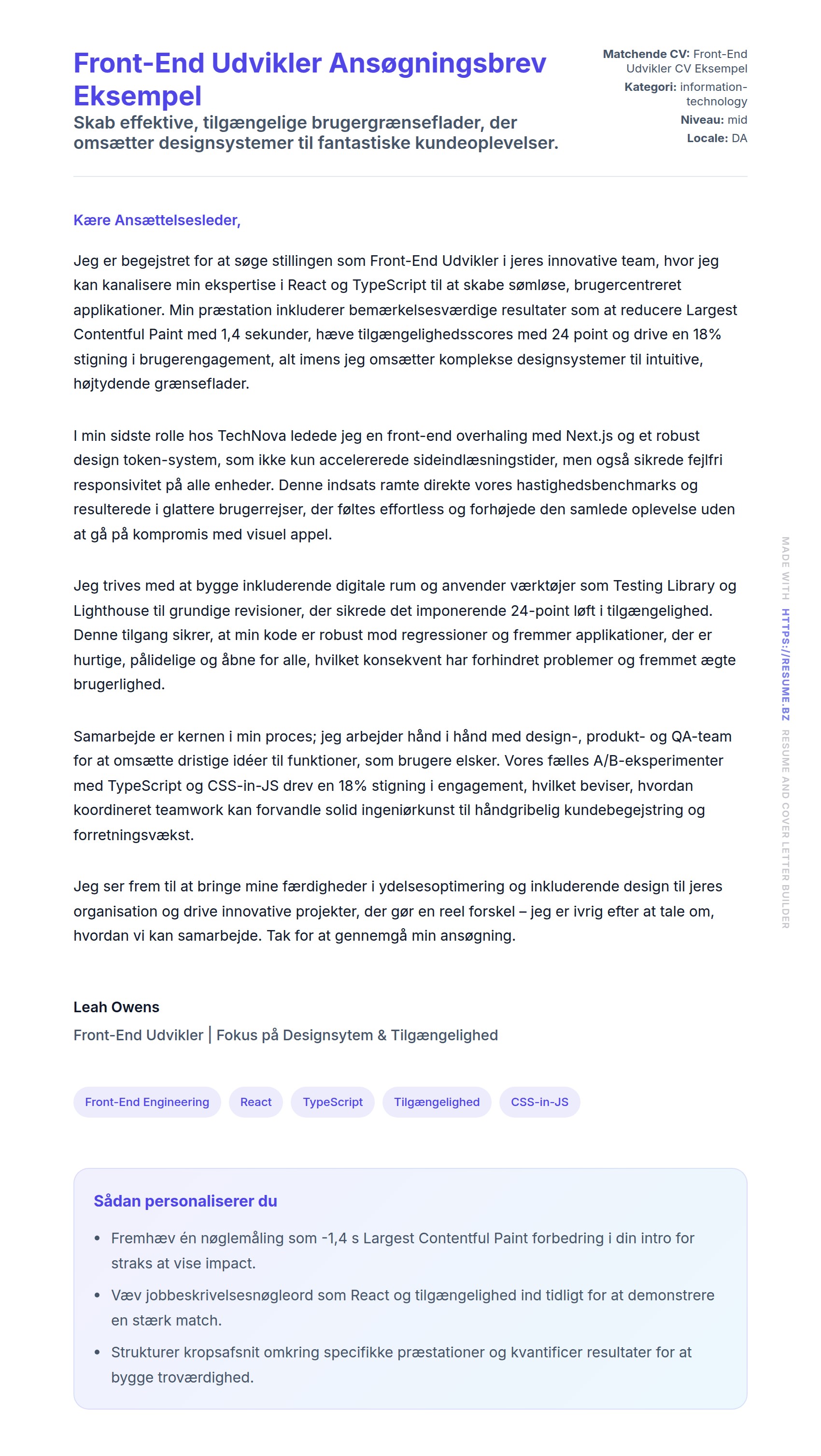 Ansøgningsbrev forhåndsvisning for Front-End Udvikler Ansøgningsbrev Eksempel