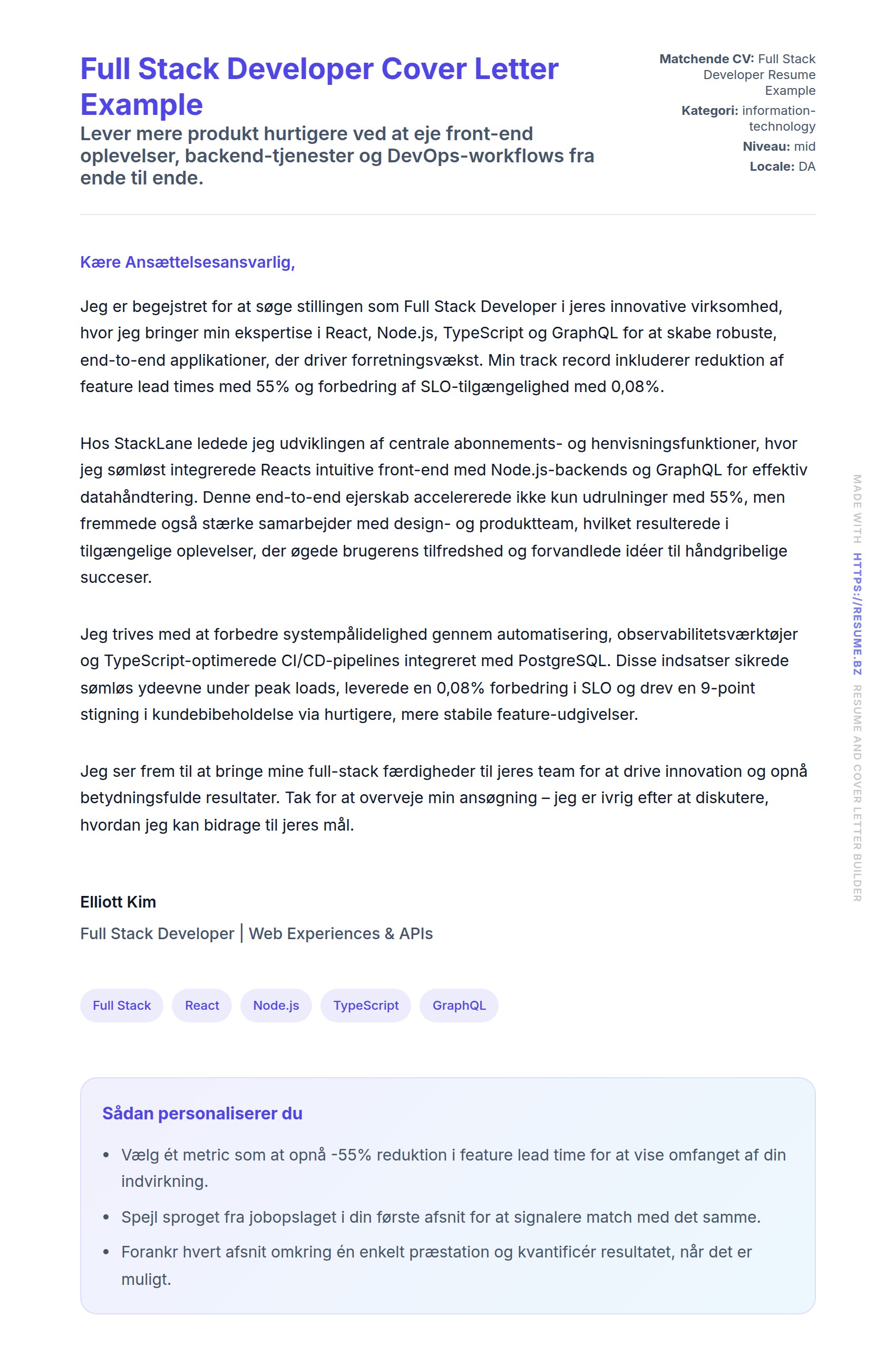 Ansøgningsbrev forhåndsvisning for Full Stack Developer Cover Letter Example