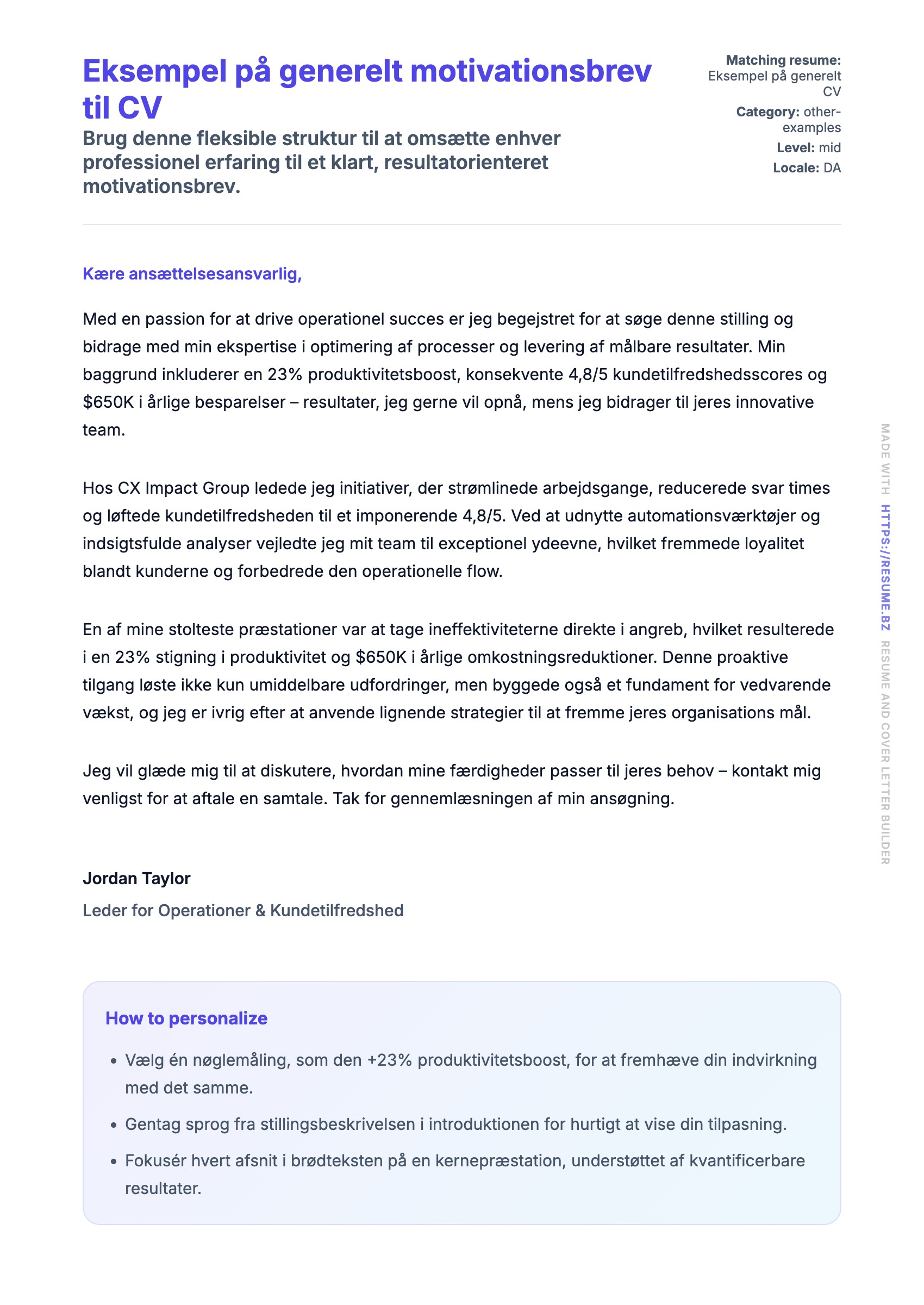 Ansøgningsbrev forhåndsvisning for Eksempel på generelt motivationsbrev til CV
