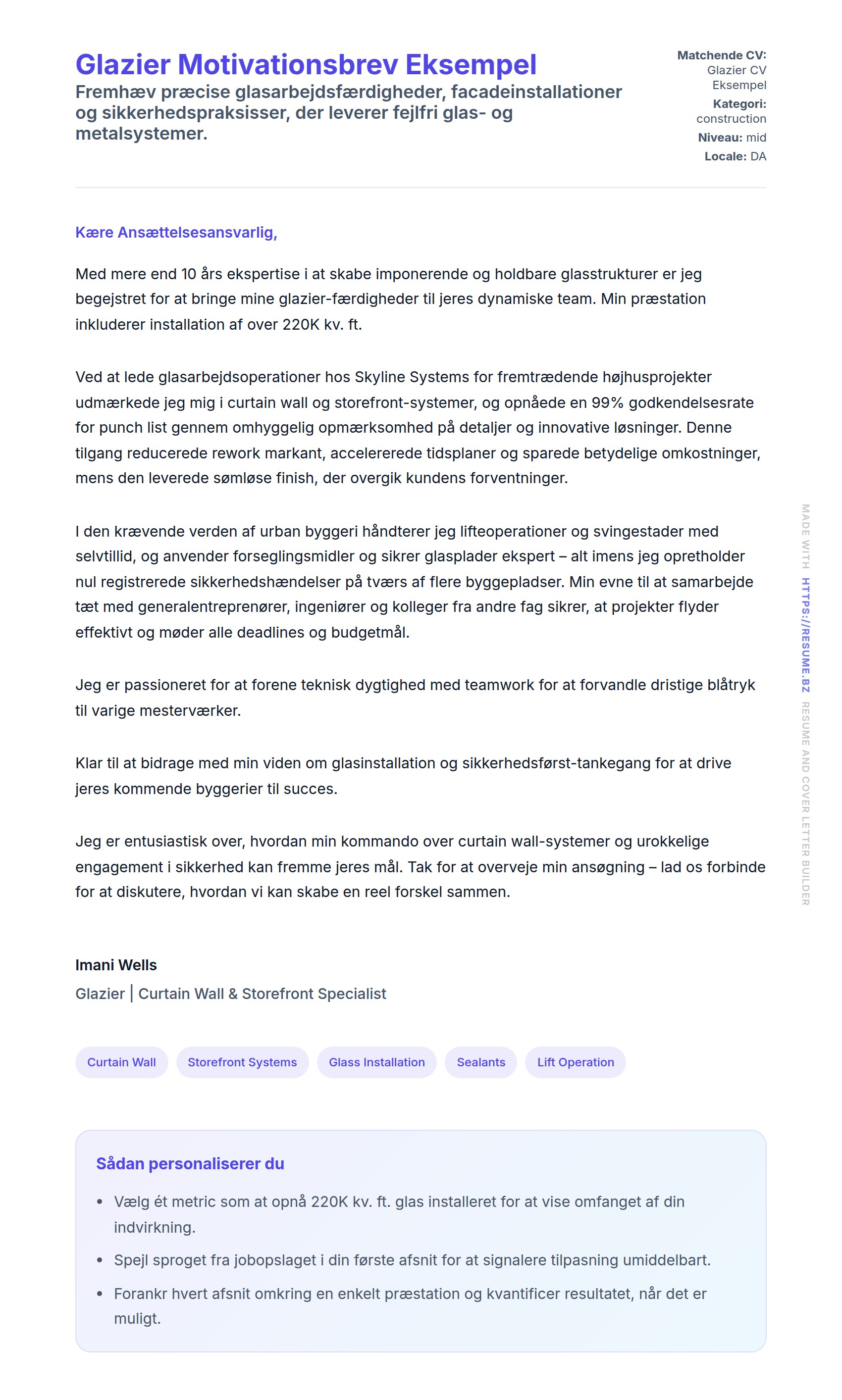 Ansøgningsbrev forhåndsvisning for Glazier Motivationsbrev Eksempel