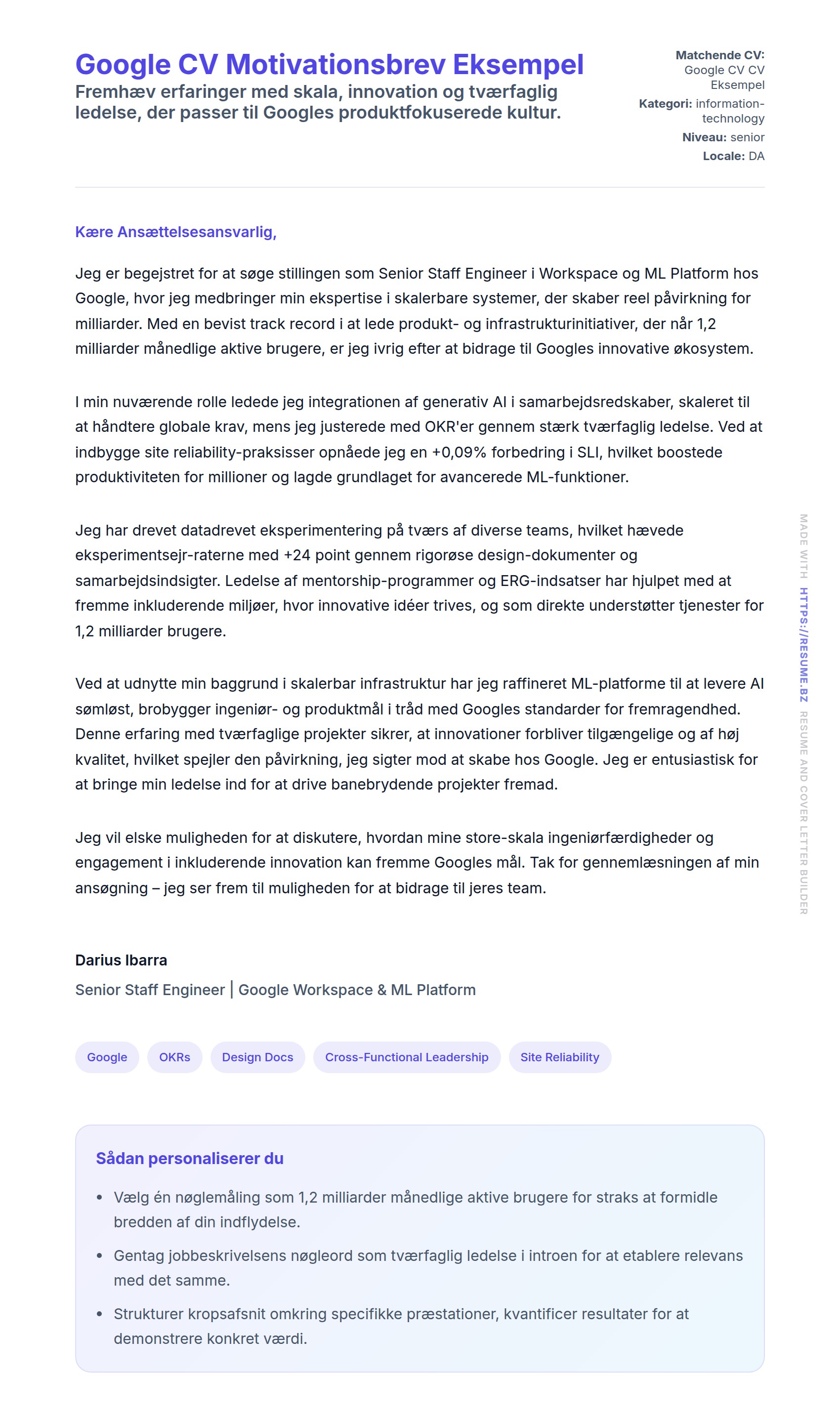Ansøgningsbrev forhåndsvisning for Google CV Motivationsbrev Eksempel