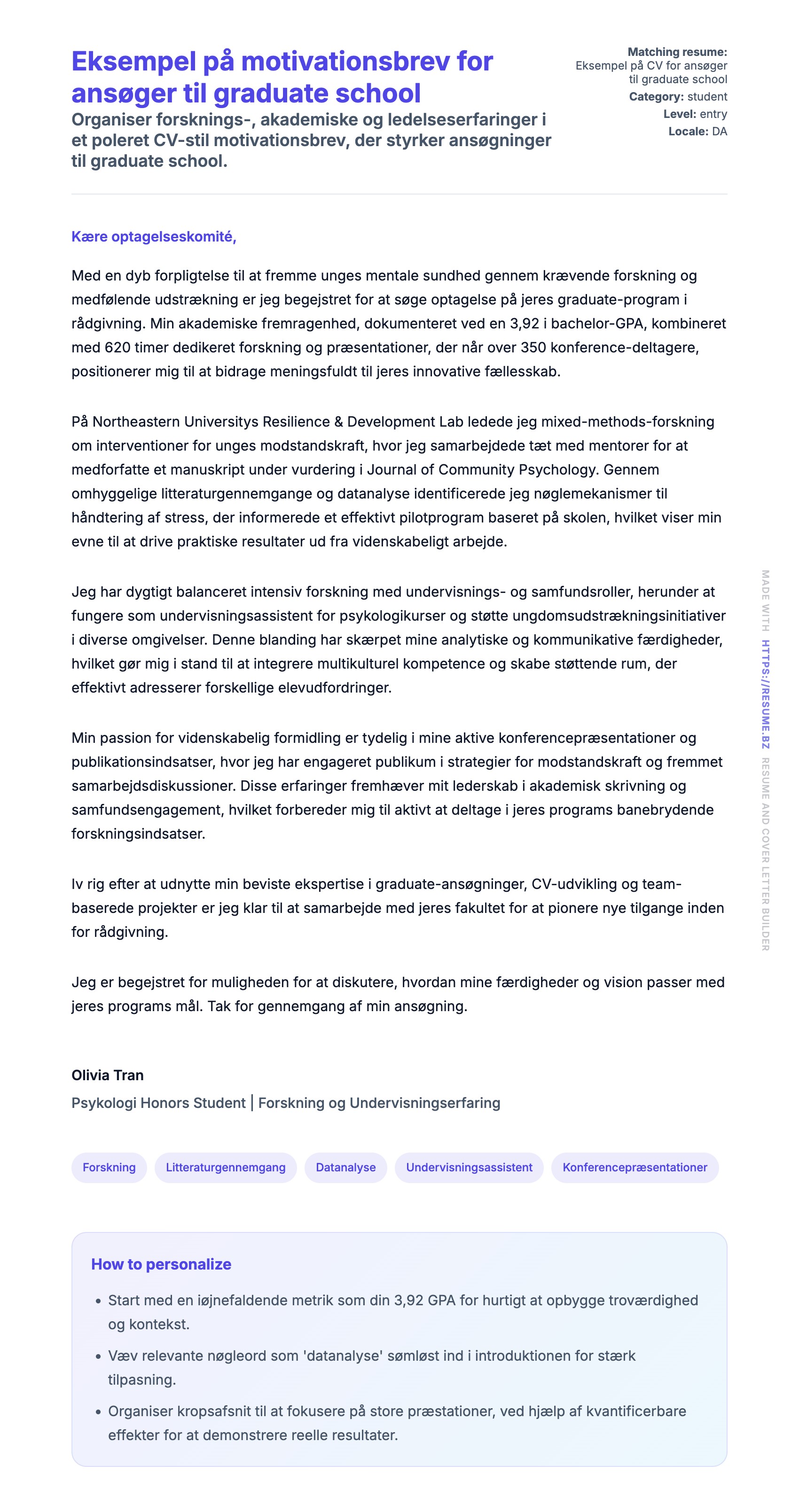 Ansøgningsbrev forhåndsvisning for Eksempel på motivationsbrev for ansøger til graduate school