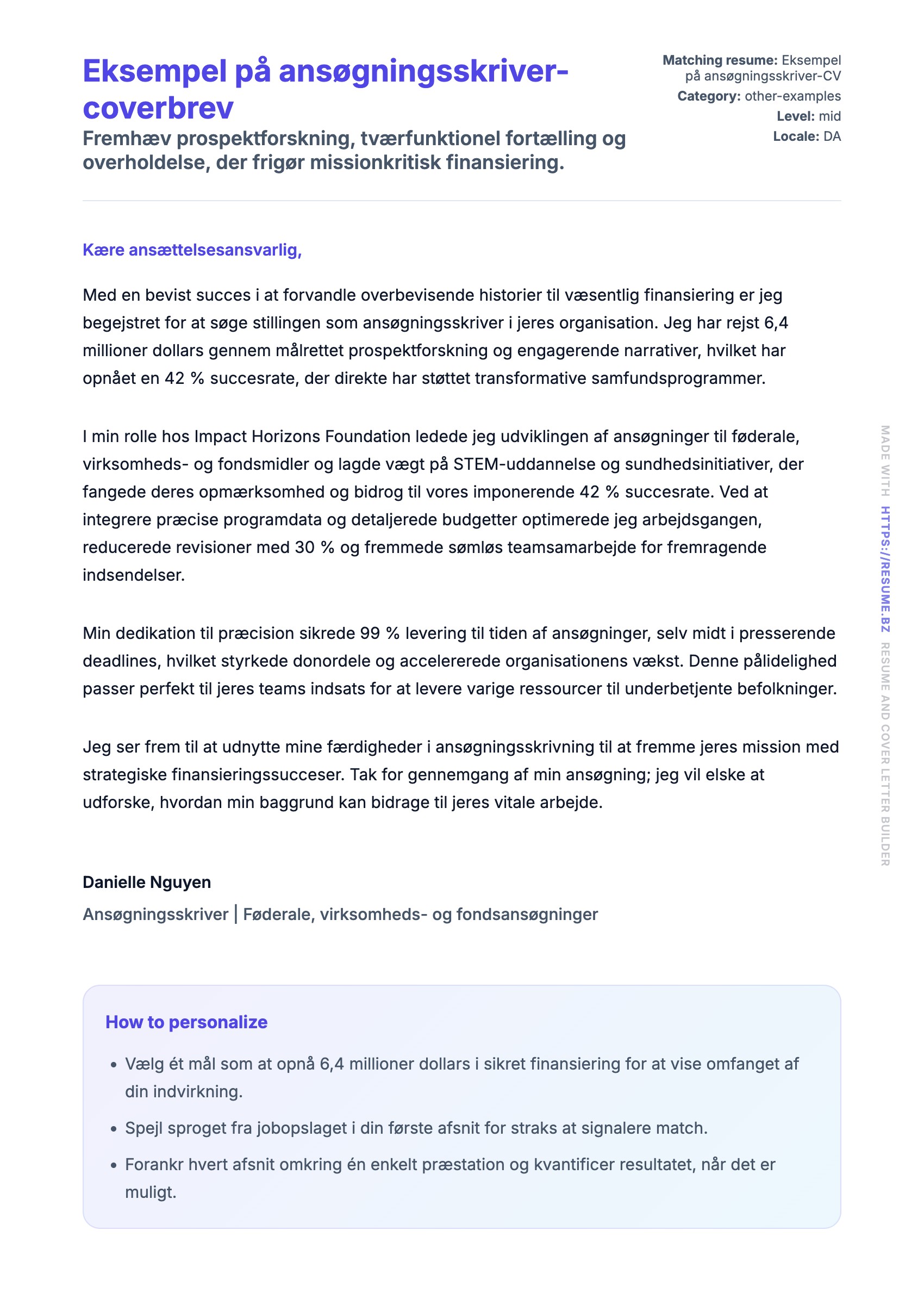 Ansøgningsbrev forhåndsvisning for Eksempel på ansøgningsskriver-coverbrev