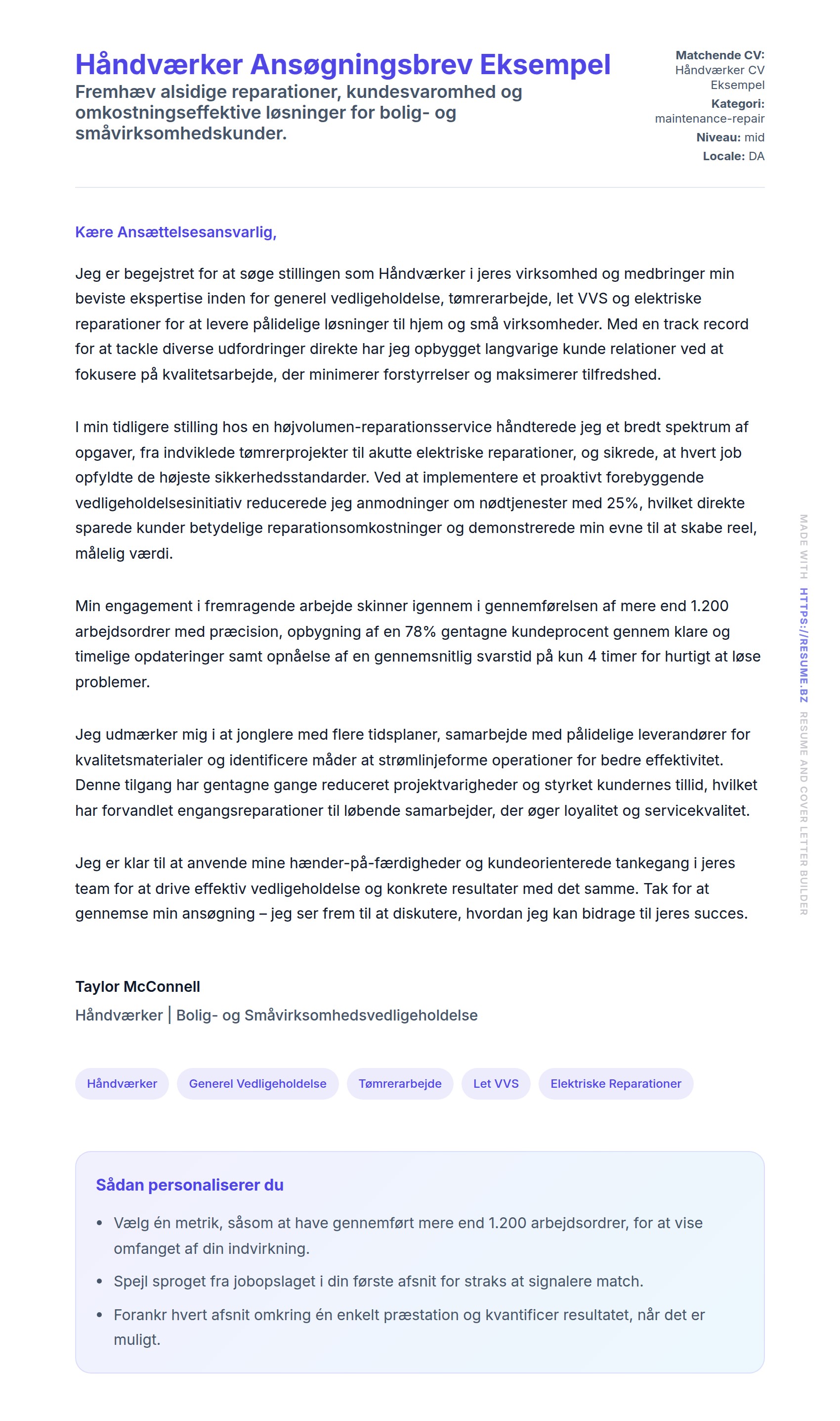 Ansøgningsbrev forhåndsvisning for Håndværker Ansøgningsbrev Eksempel