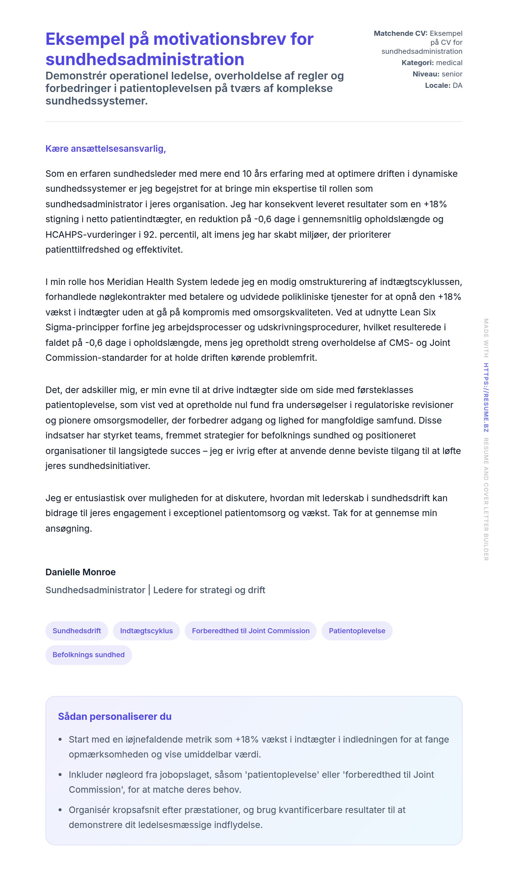 Ansøgningsbrev forhåndsvisning for Eksempel på motivationsbrev for sundhedsadministration
