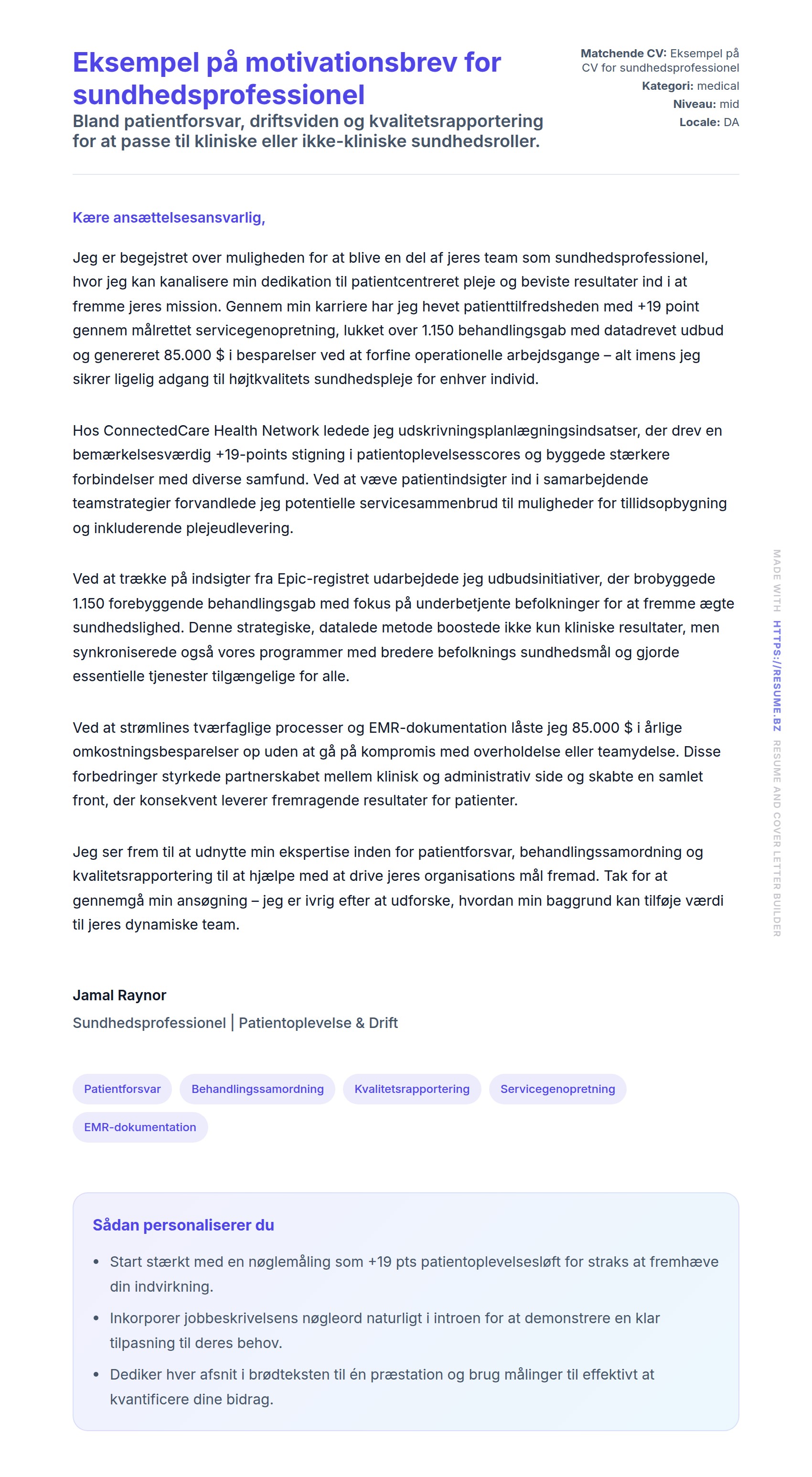 Ansøgningsbrev forhåndsvisning for Eksempel på motivationsbrev for sundhedsprofessionel