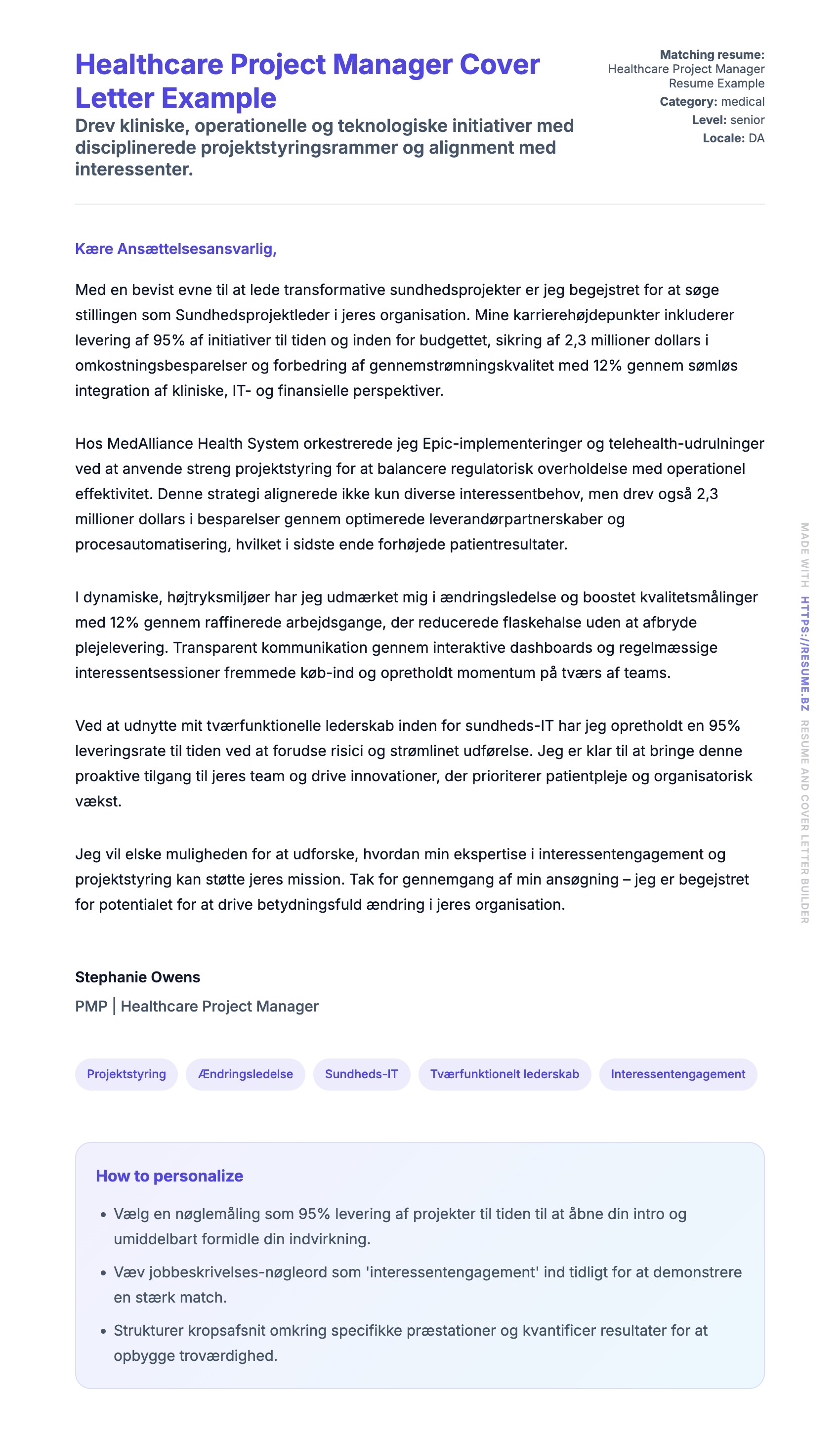 Ansøgningsbrev forhåndsvisning for Healthcare Project Manager Cover Letter Example