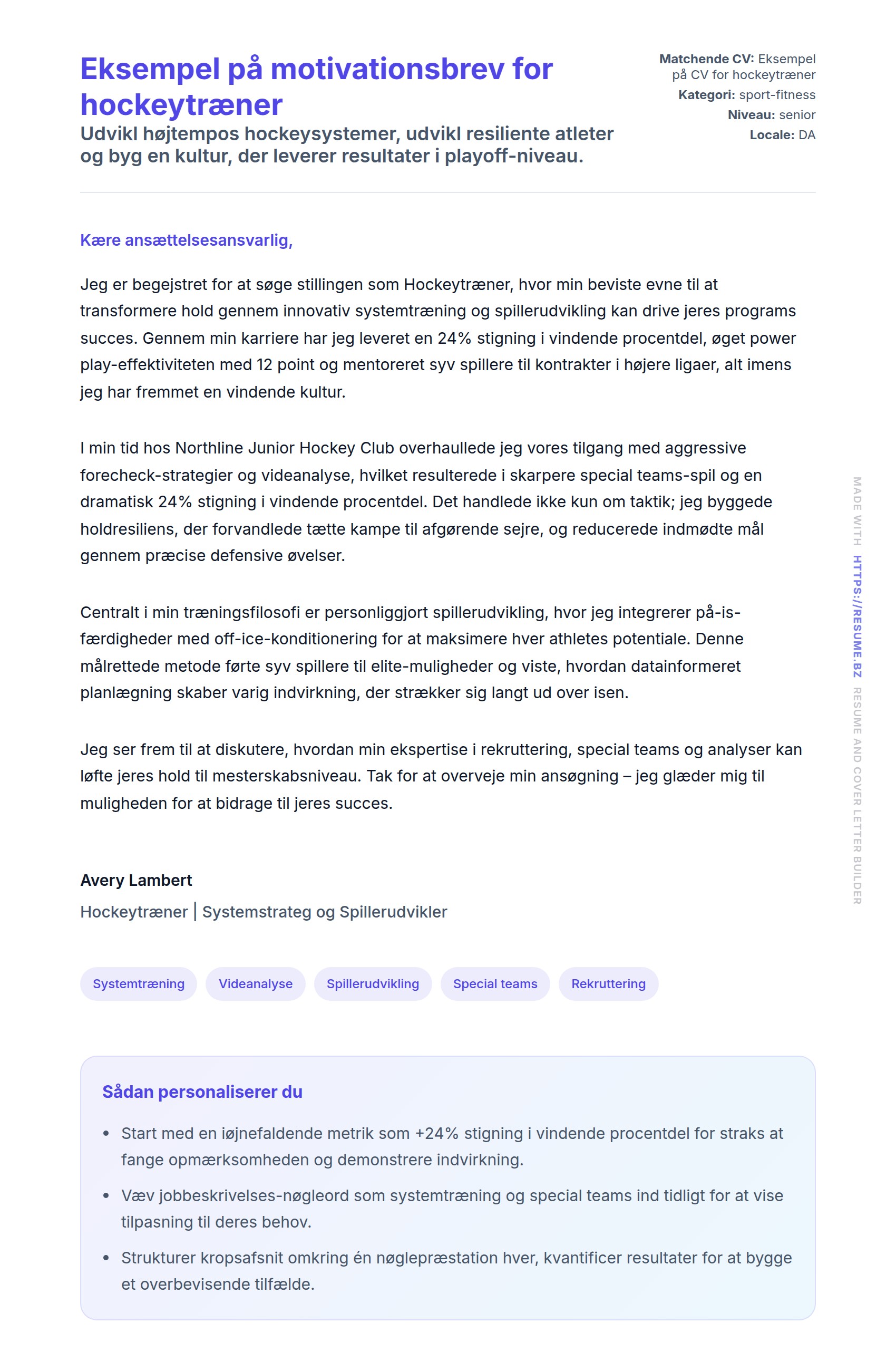 Ansøgningsbrev forhåndsvisning for Eksempel på motivationsbrev for hockeytræner