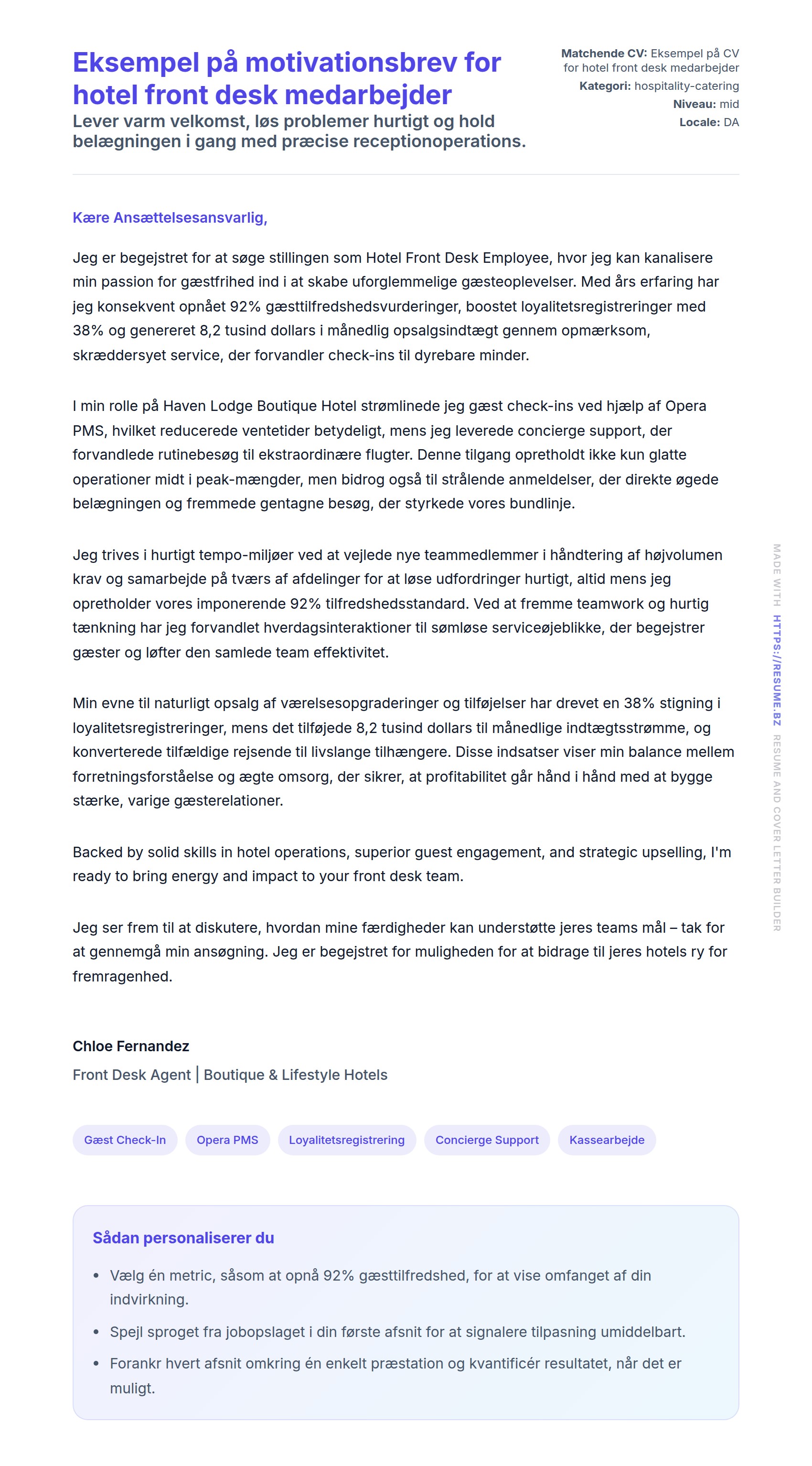 Ansøgningsbrev forhåndsvisning for Eksempel på motivationsbrev for hotel front desk medarbejder