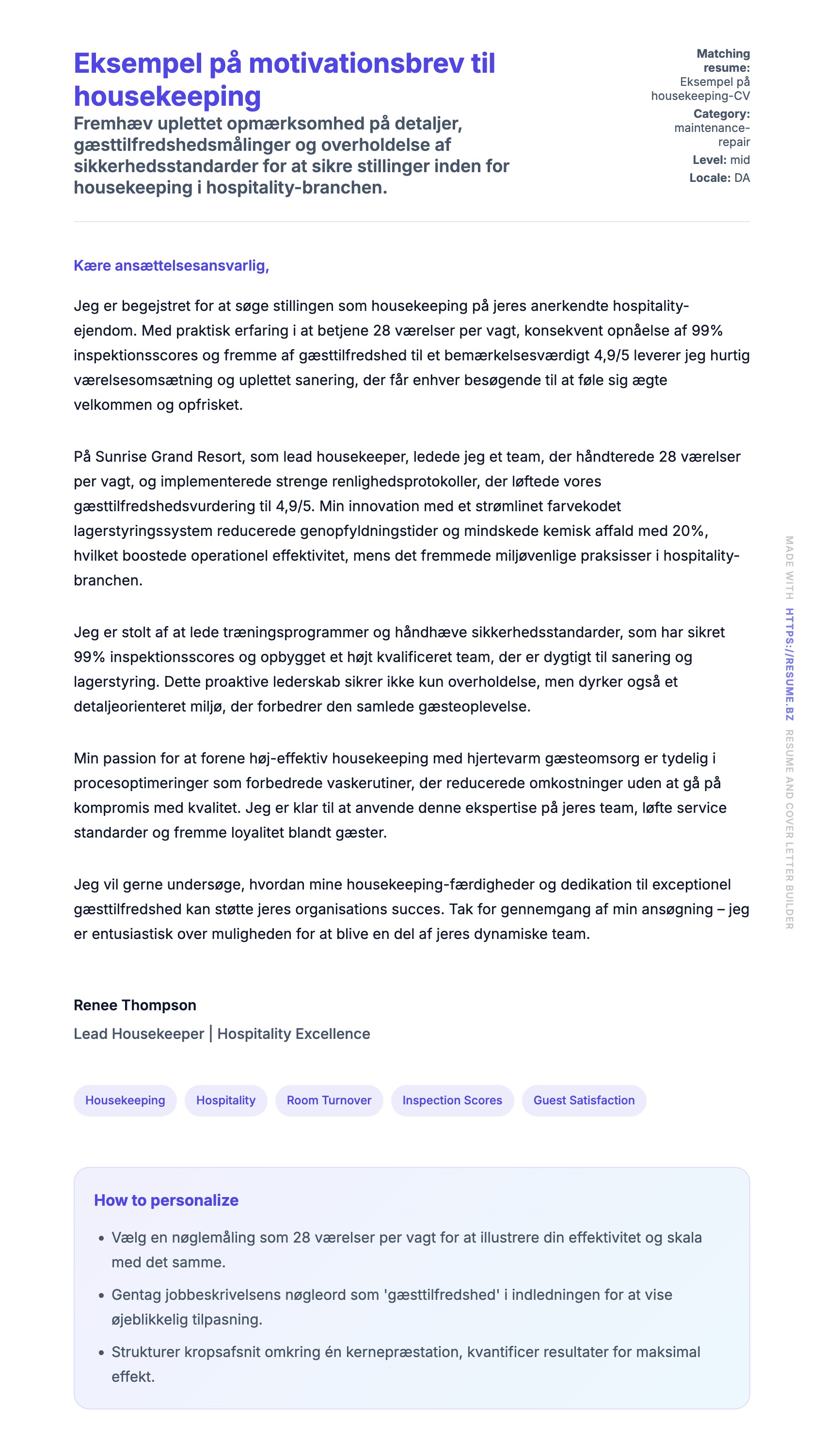 Ansøgningsbrev forhåndsvisning for Eksempel på motivationsbrev til housekeeping