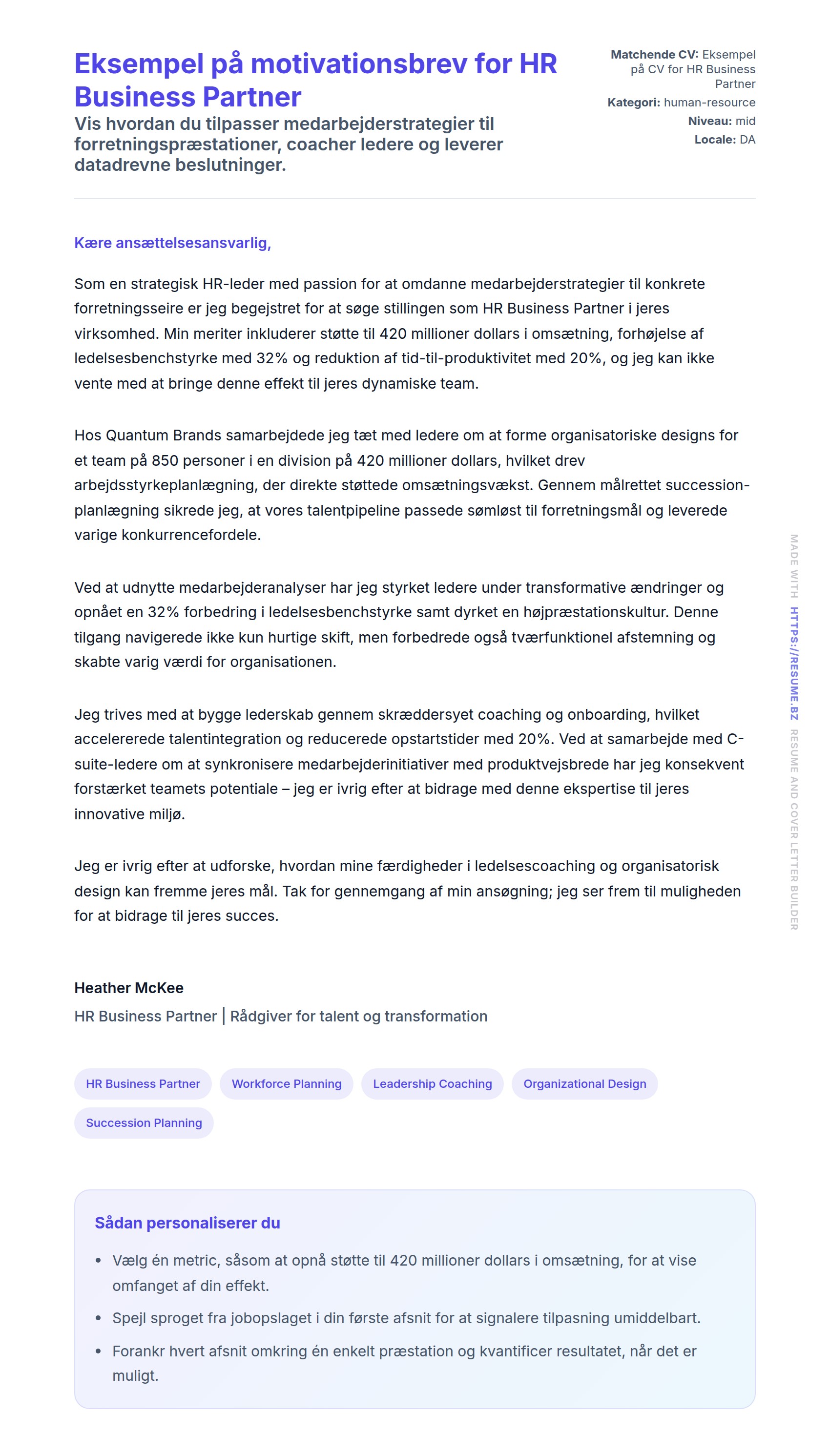 Ansøgningsbrev forhåndsvisning for Eksempel på motivationsbrev for HR Business Partner