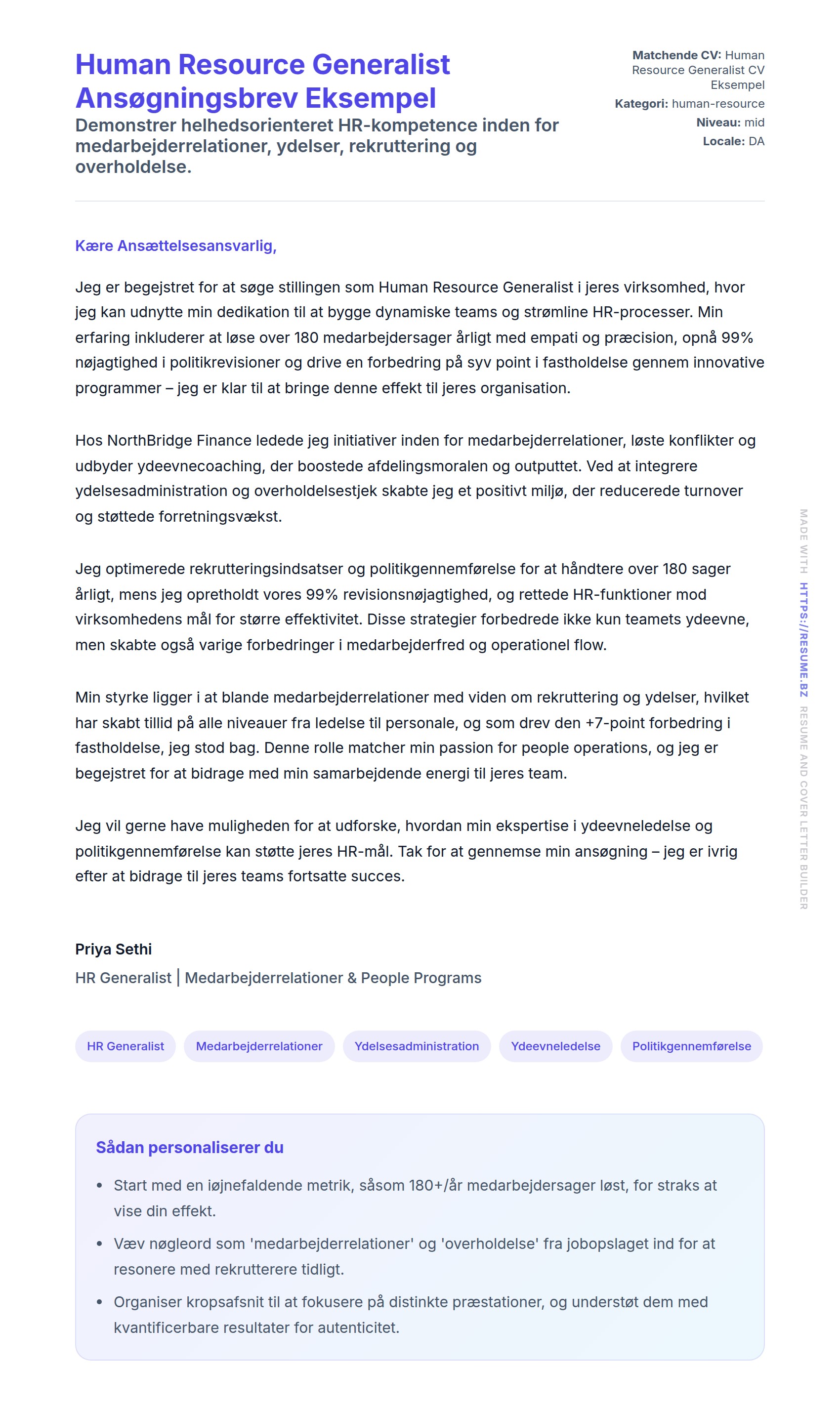 Human Resource Generalist Ansøgningsbrev Eksempel