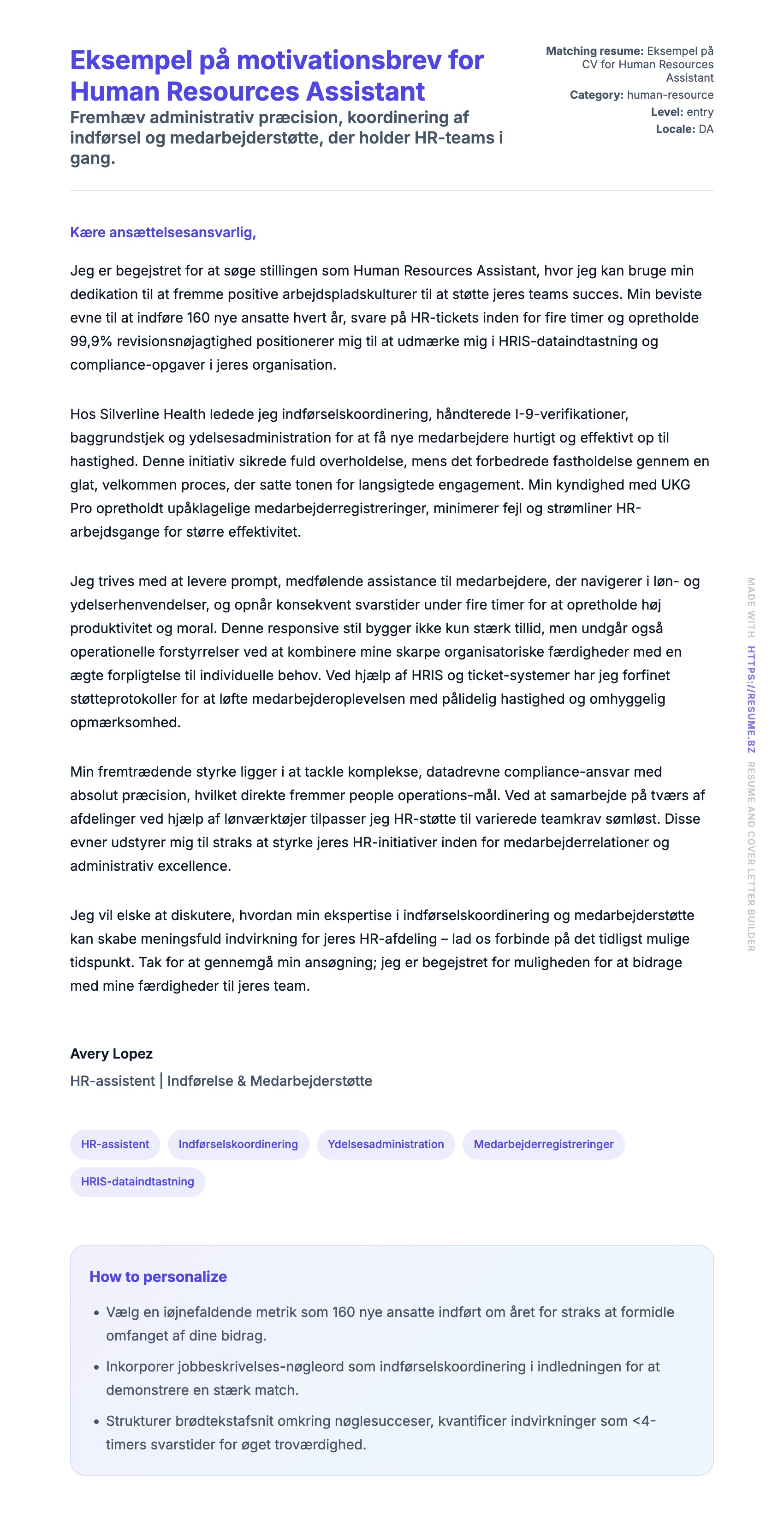 Ansøgningsbrev forhåndsvisning for Eksempel på motivationsbrev for Human Resources Assistant