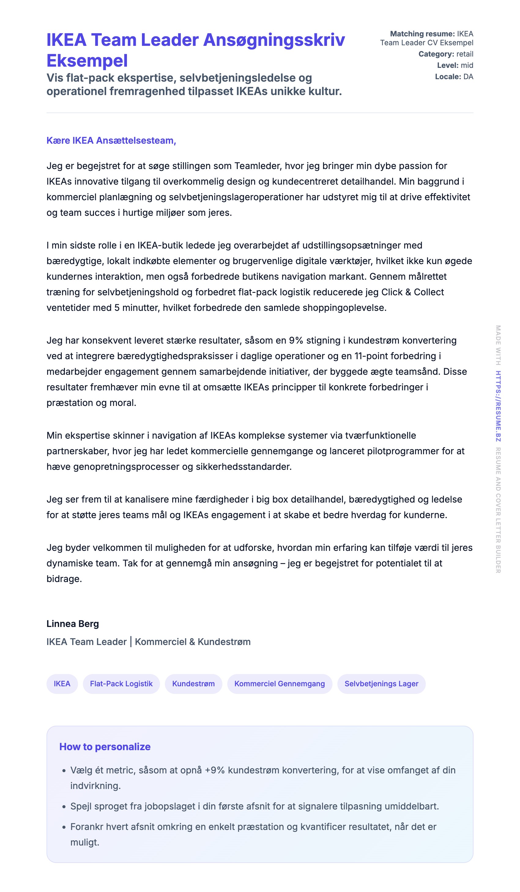 Ansøgningsbrev forhåndsvisning for IKEA Team Leader Ansøgningsskriv Eksempel