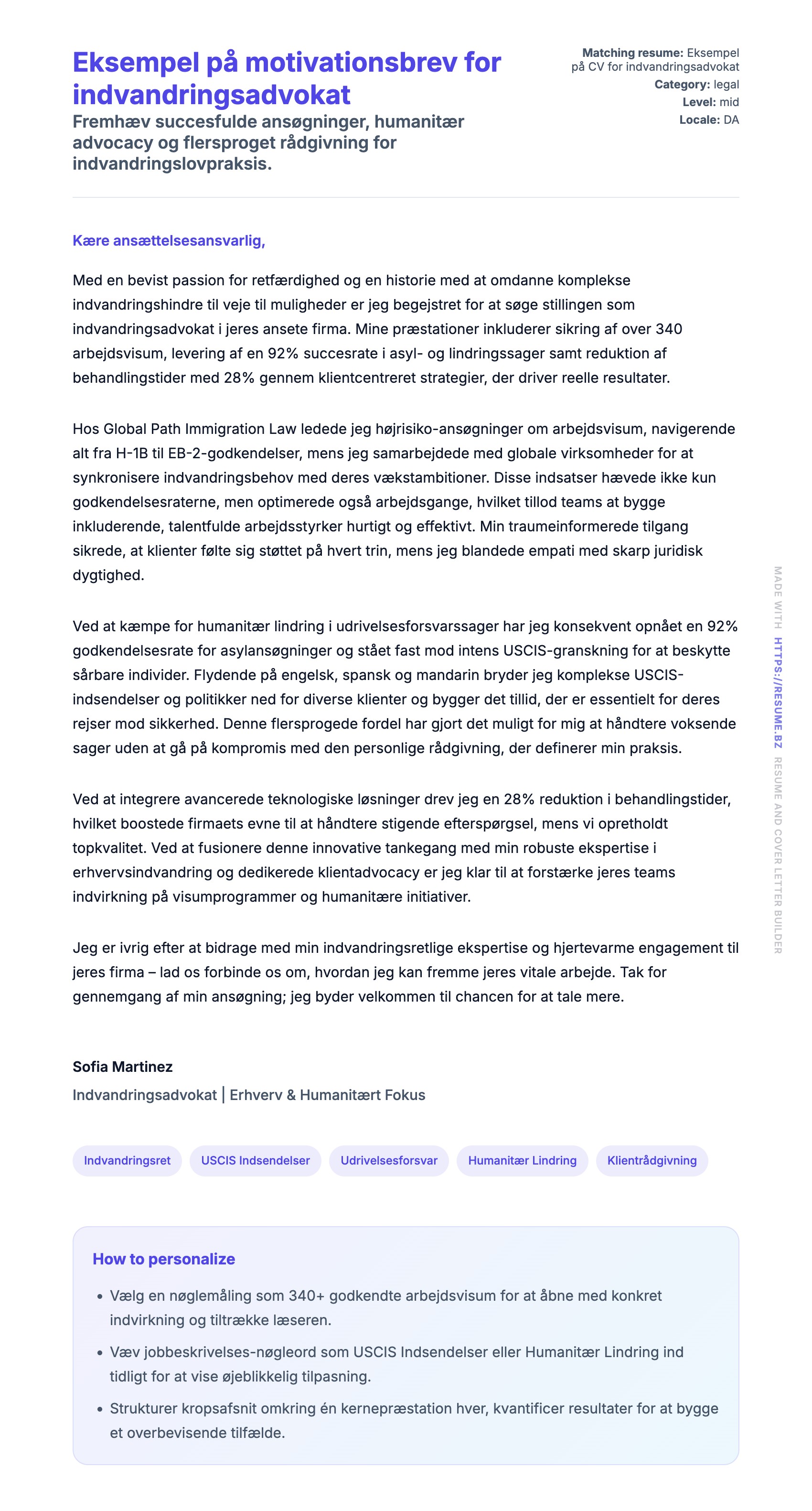 Ansøgningsbrev forhåndsvisning for Eksempel på motivationsbrev for indvandringsadvokat