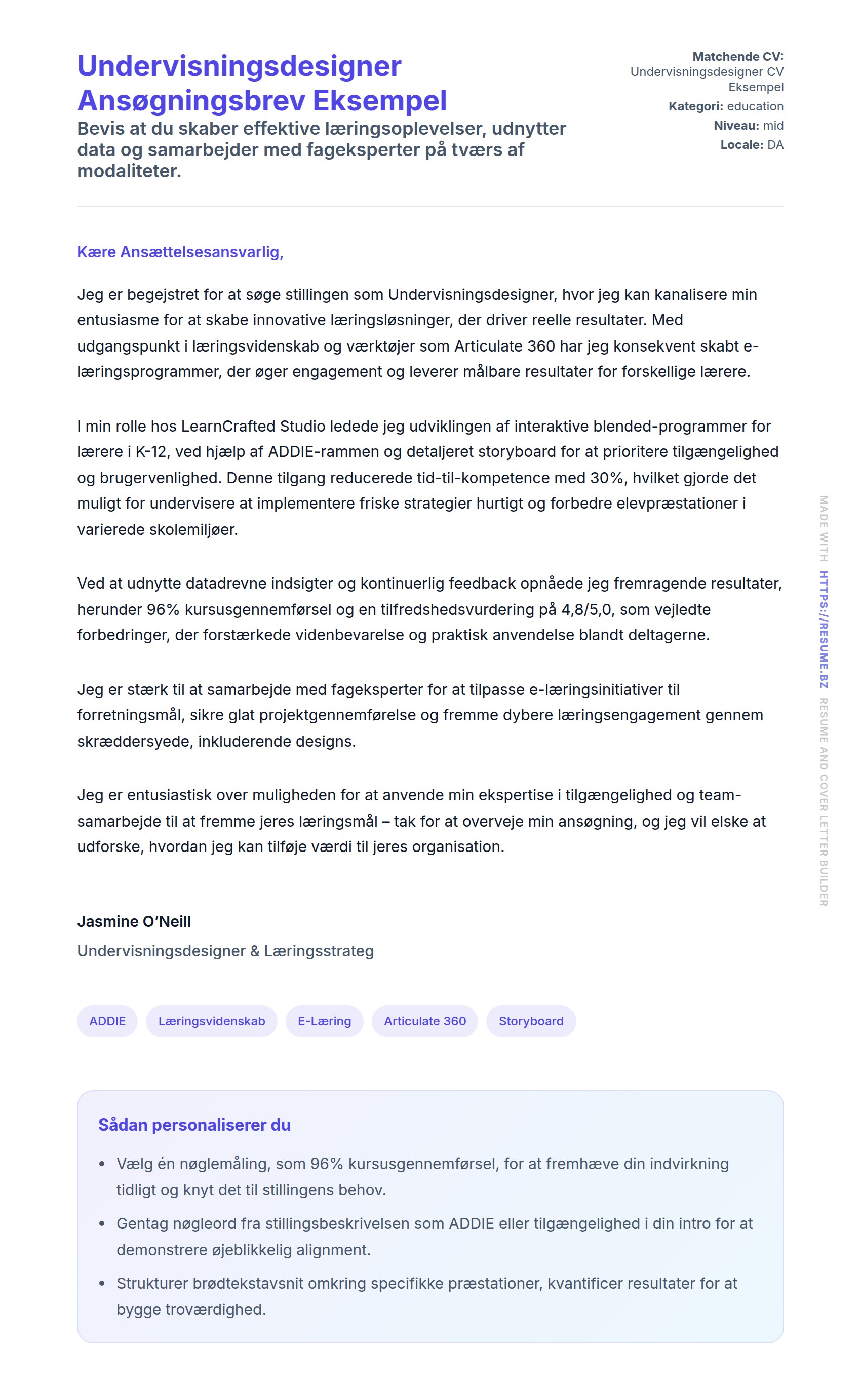 Ansøgningsbrev forhåndsvisning for Undervisningsdesigner Ansøgningsbrev Eksempel