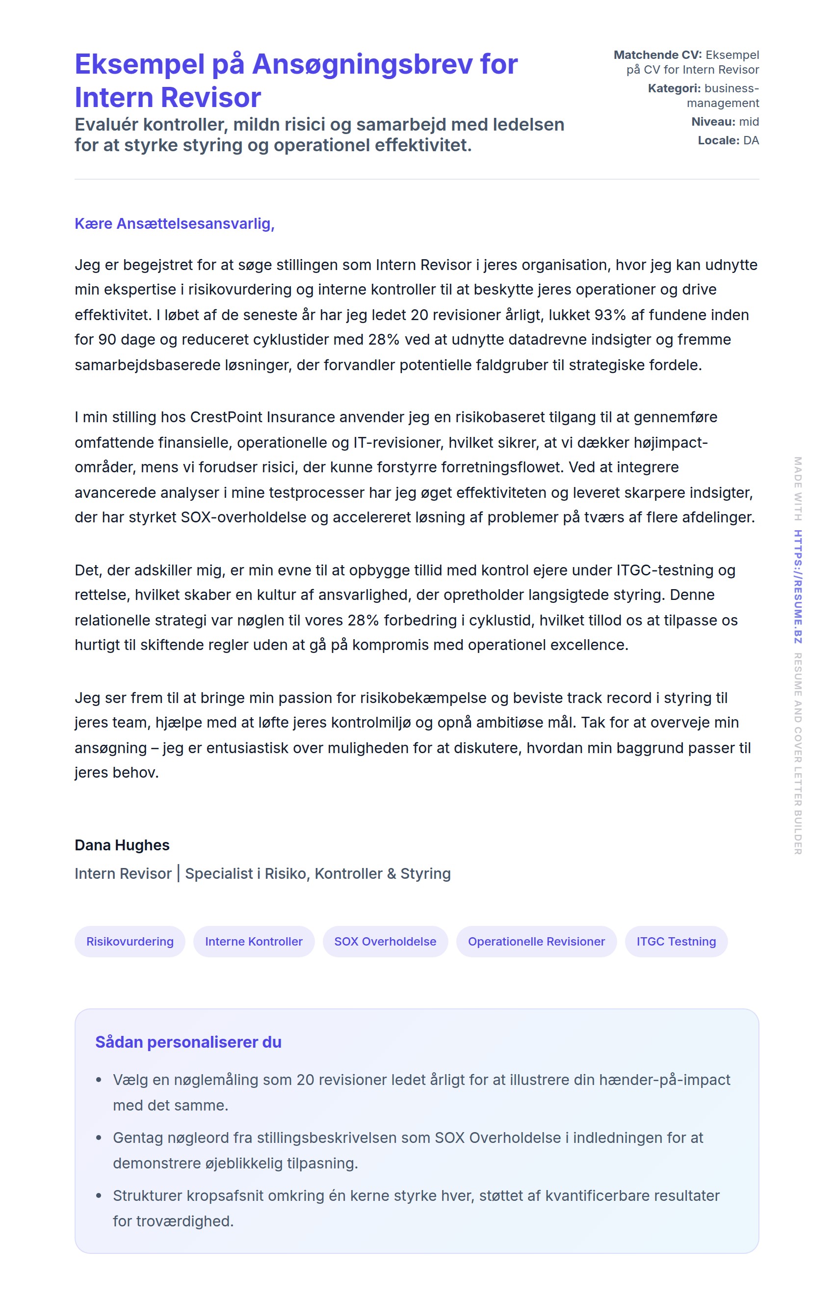 Ansøgningsbrev forhåndsvisning for Eksempel på Ansøgningsbrev for Intern Revisor