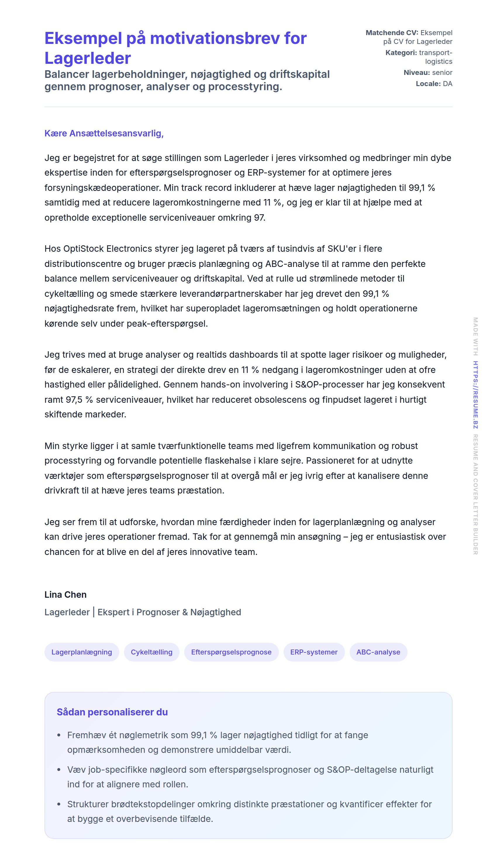Eksempel på motivationsbrev for Lagerleder