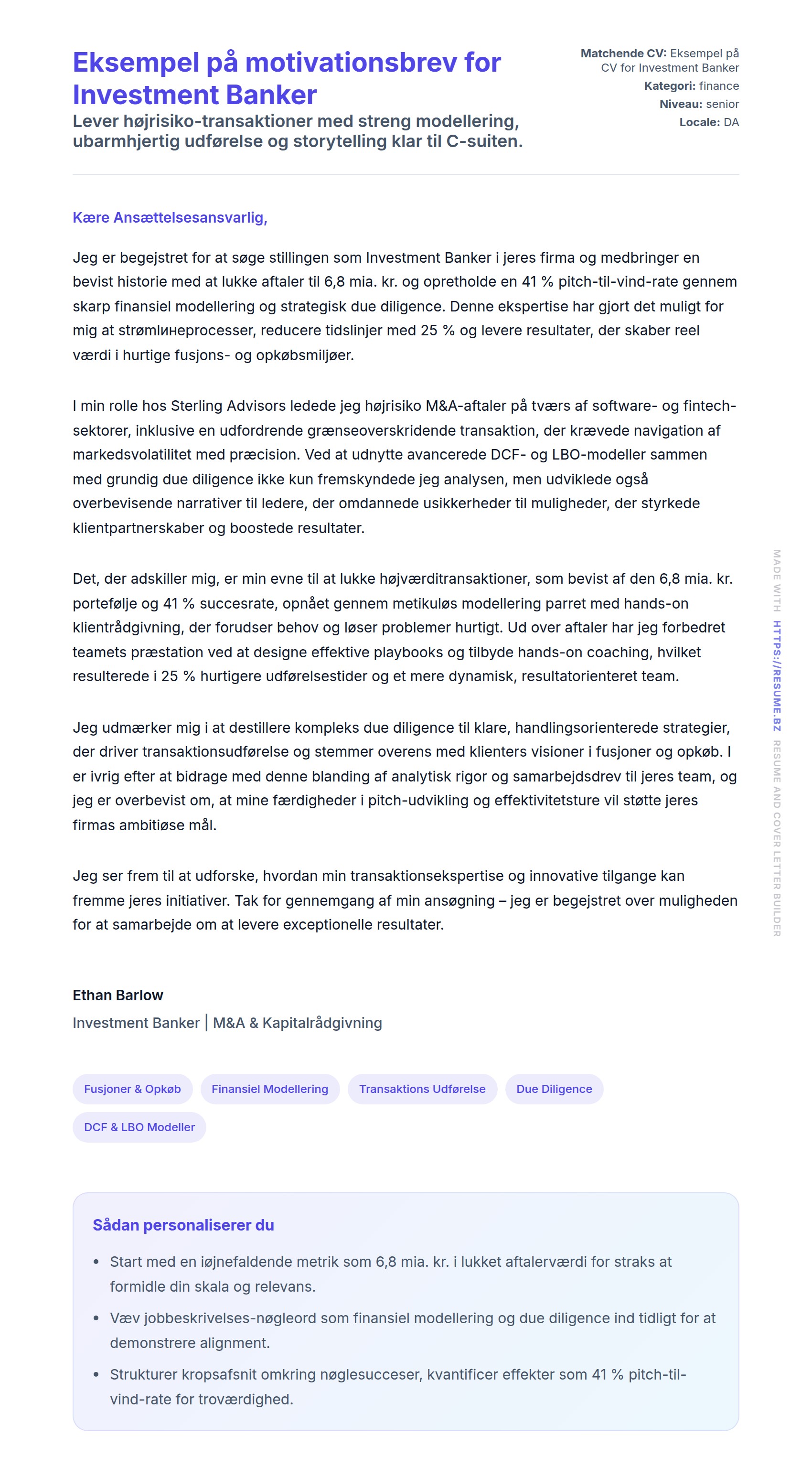 Ansøgningsbrev forhåndsvisning for Eksempel på motivationsbrev for Investment Banker