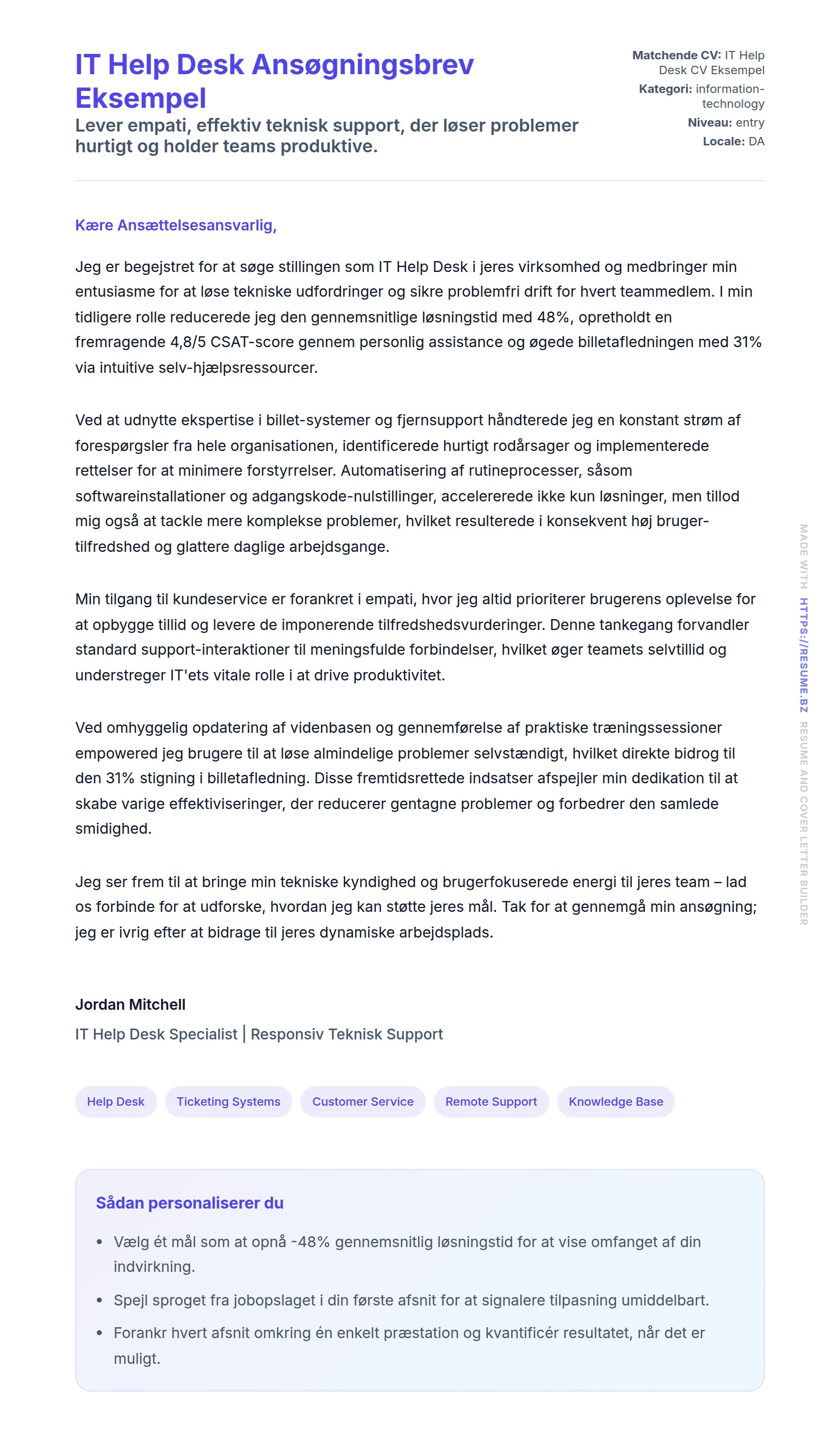 Ansøgningsbrev forhåndsvisning for IT Help Desk Ansøgningsbrev Eksempel