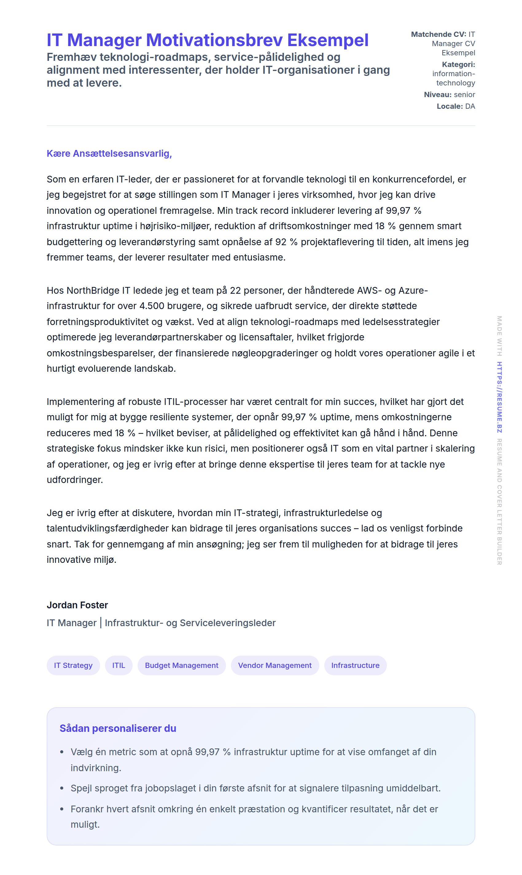 Ansøgningsbrev forhåndsvisning for IT Manager Motivationsbrev Eksempel