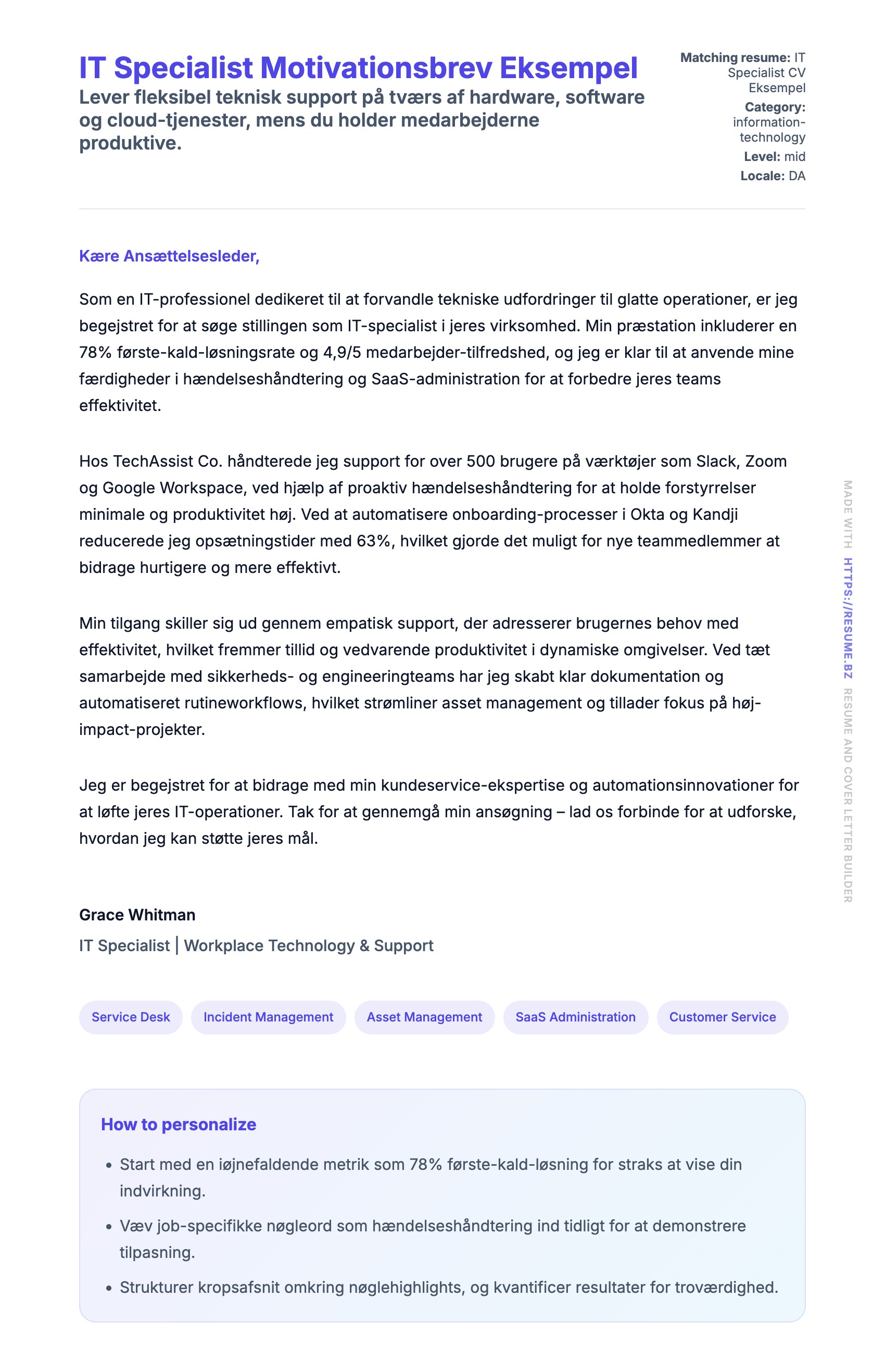 Ansøgningsbrev forhåndsvisning for IT Specialist Motivationsbrev Eksempel