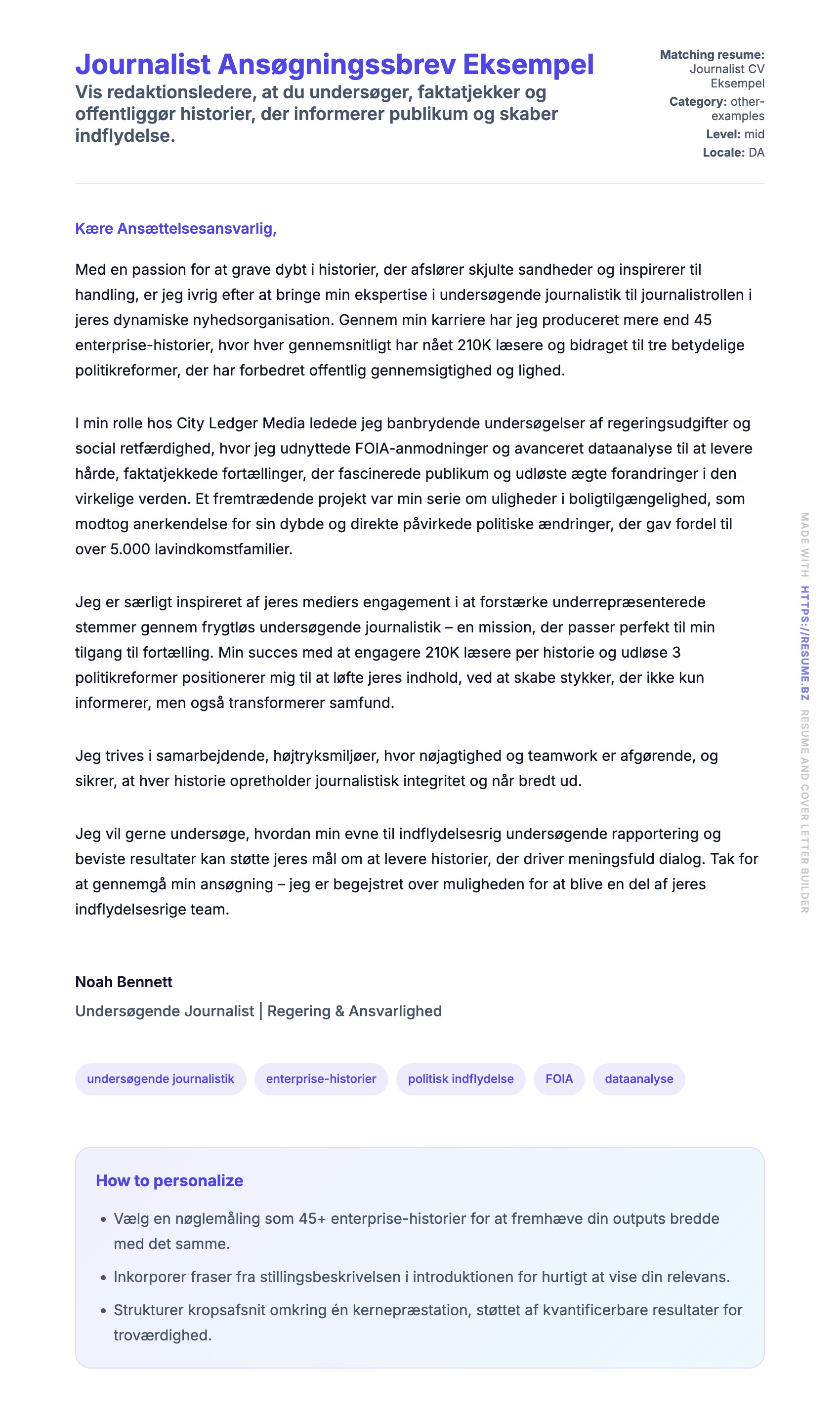 Ansøgningsbrev forhåndsvisning for Journalist Ansøgningssbrev Eksempel