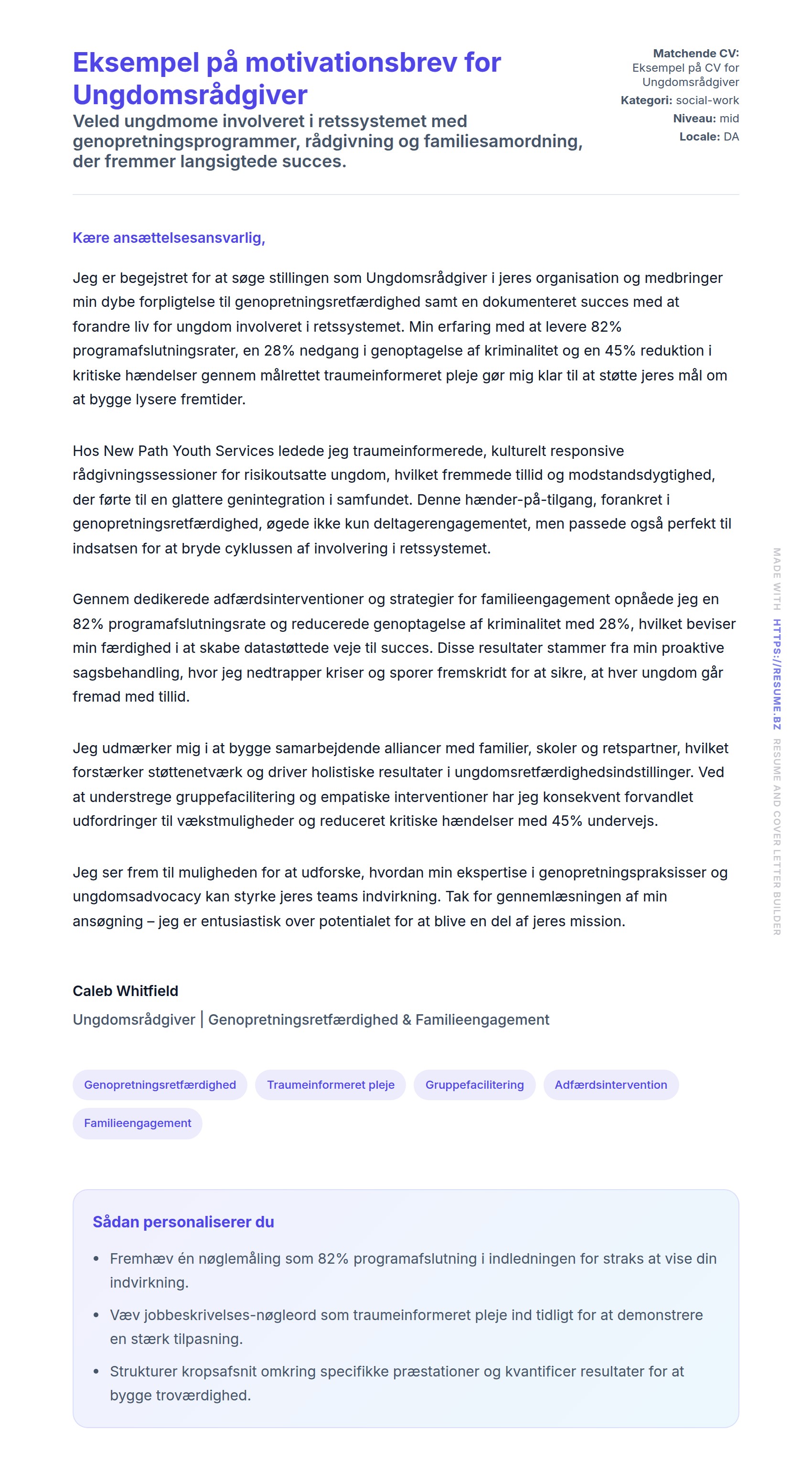 Ansøgningsbrev forhåndsvisning for Eksempel på motivationsbrev for Ungdomsrådgiver