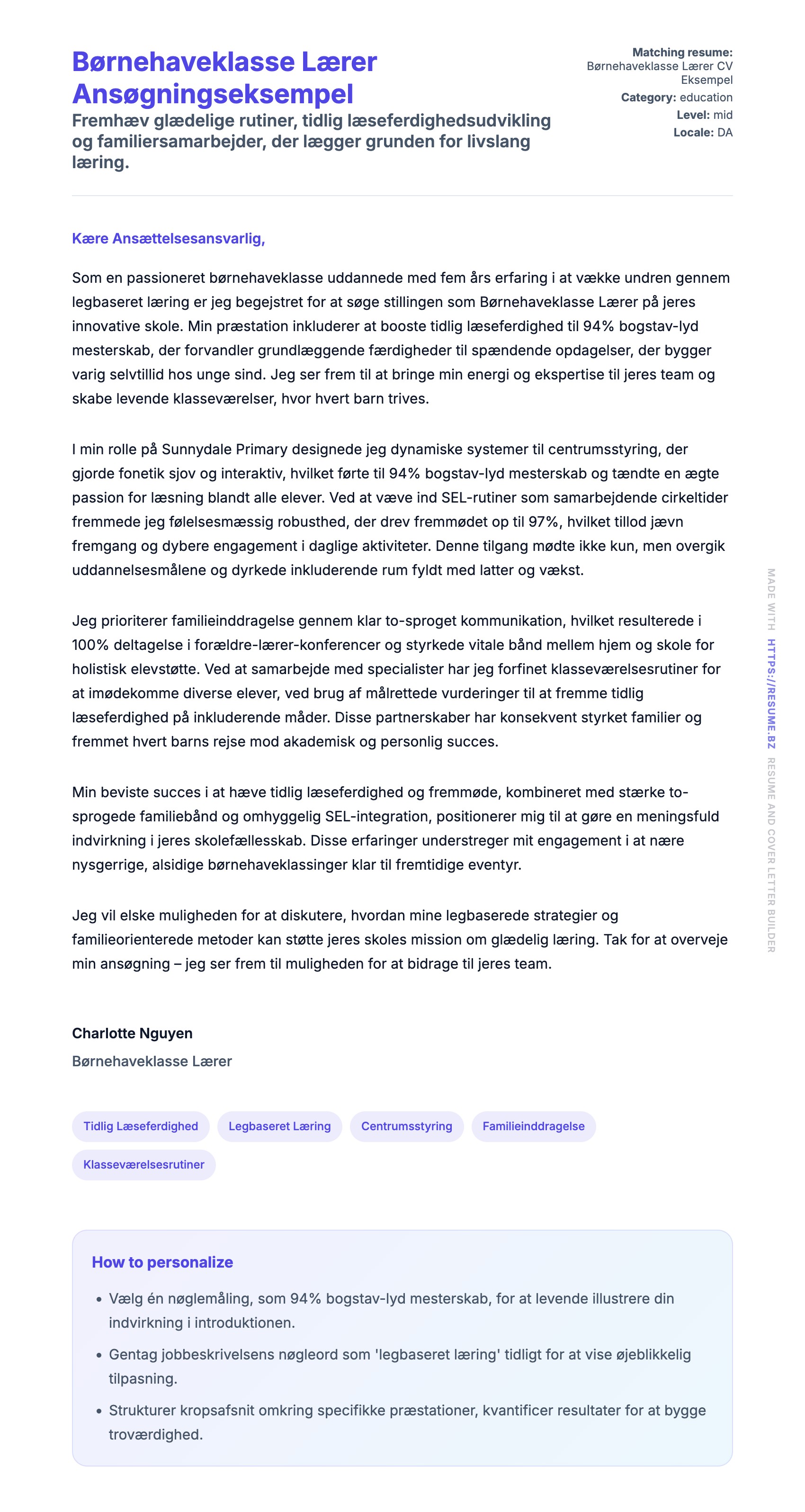 Ansøgningsbrev forhåndsvisning for Børnehaveklasse Lærer Ansøgningseksempel