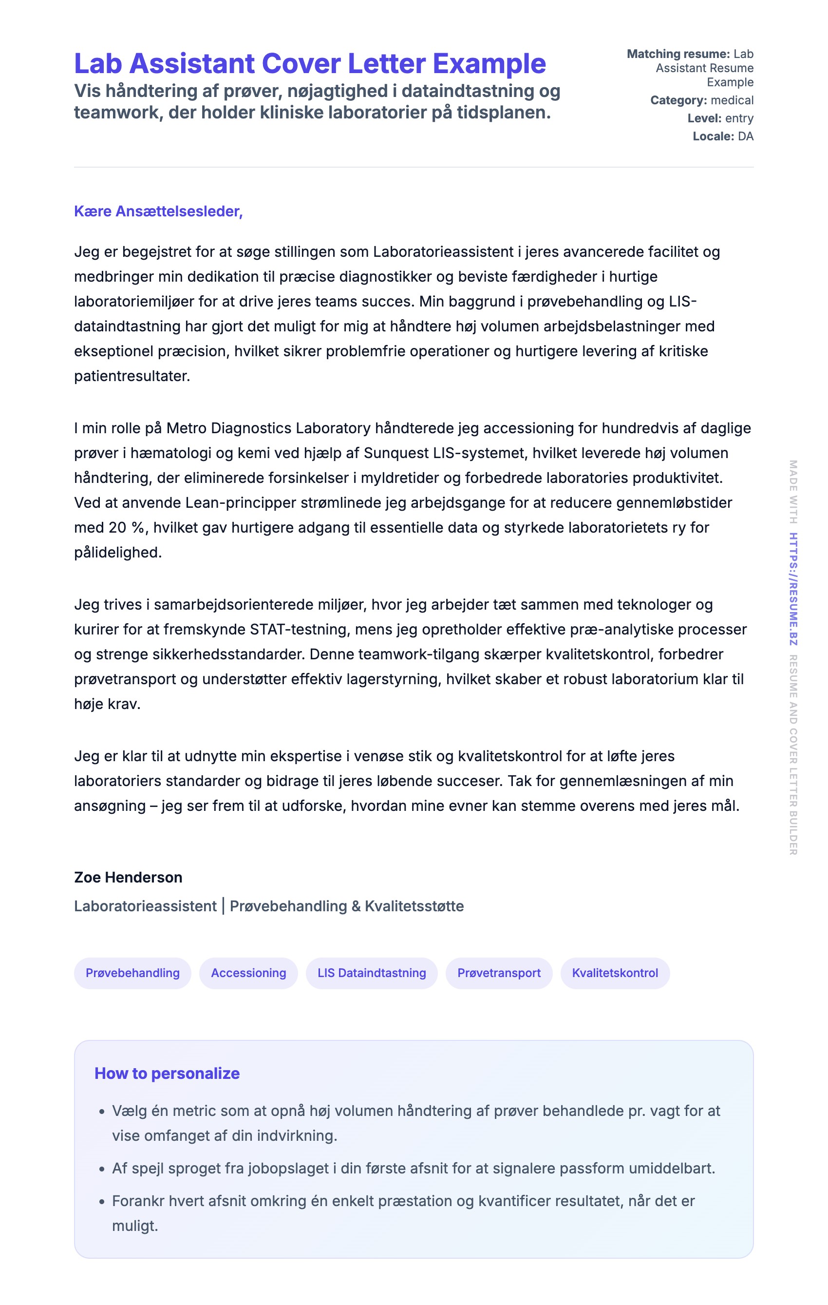 Ansøgningsbrev forhåndsvisning for Lab Assistant Cover Letter Example