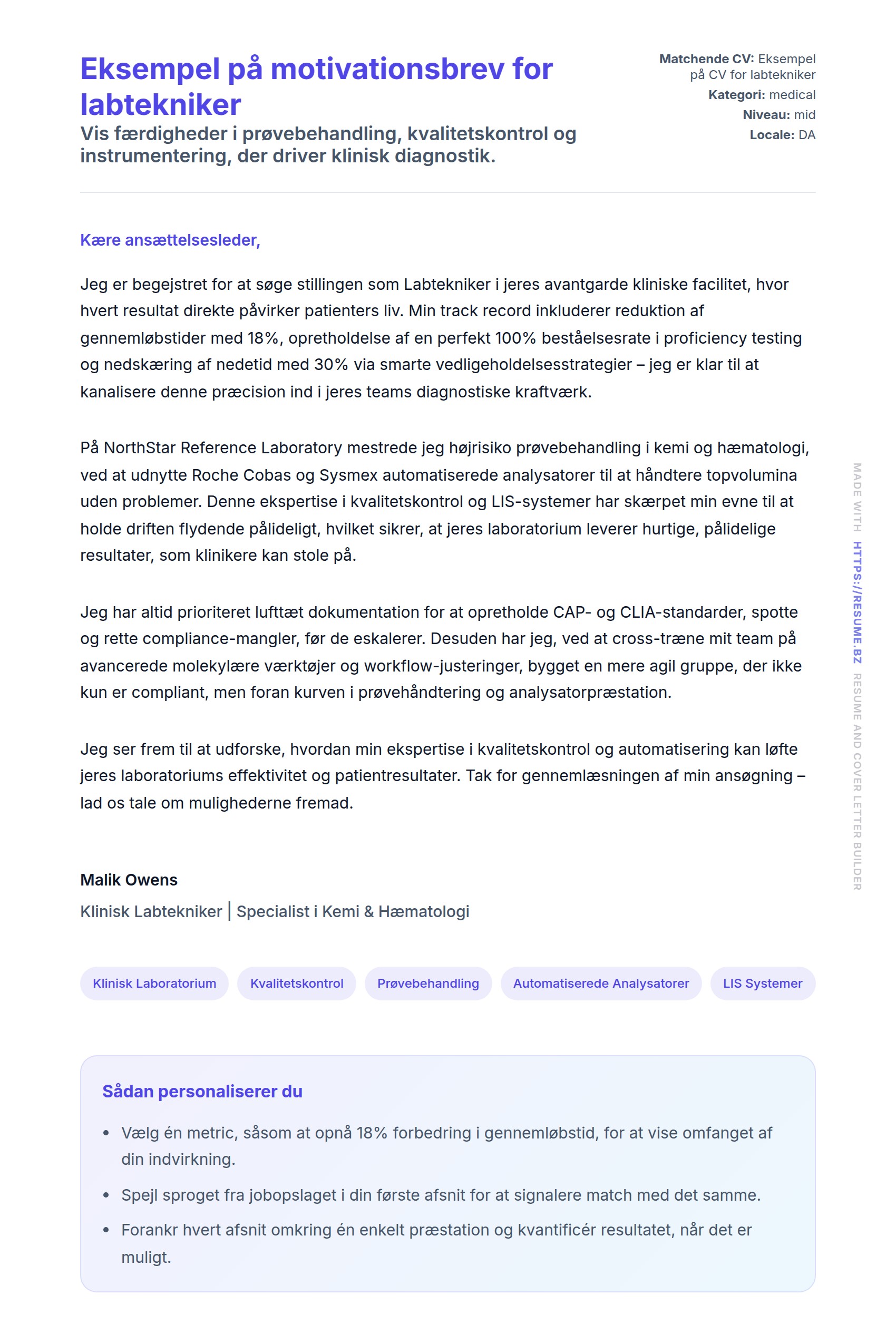 Ansøgningsbrev forhåndsvisning for Eksempel på motivationsbrev for labtekniker