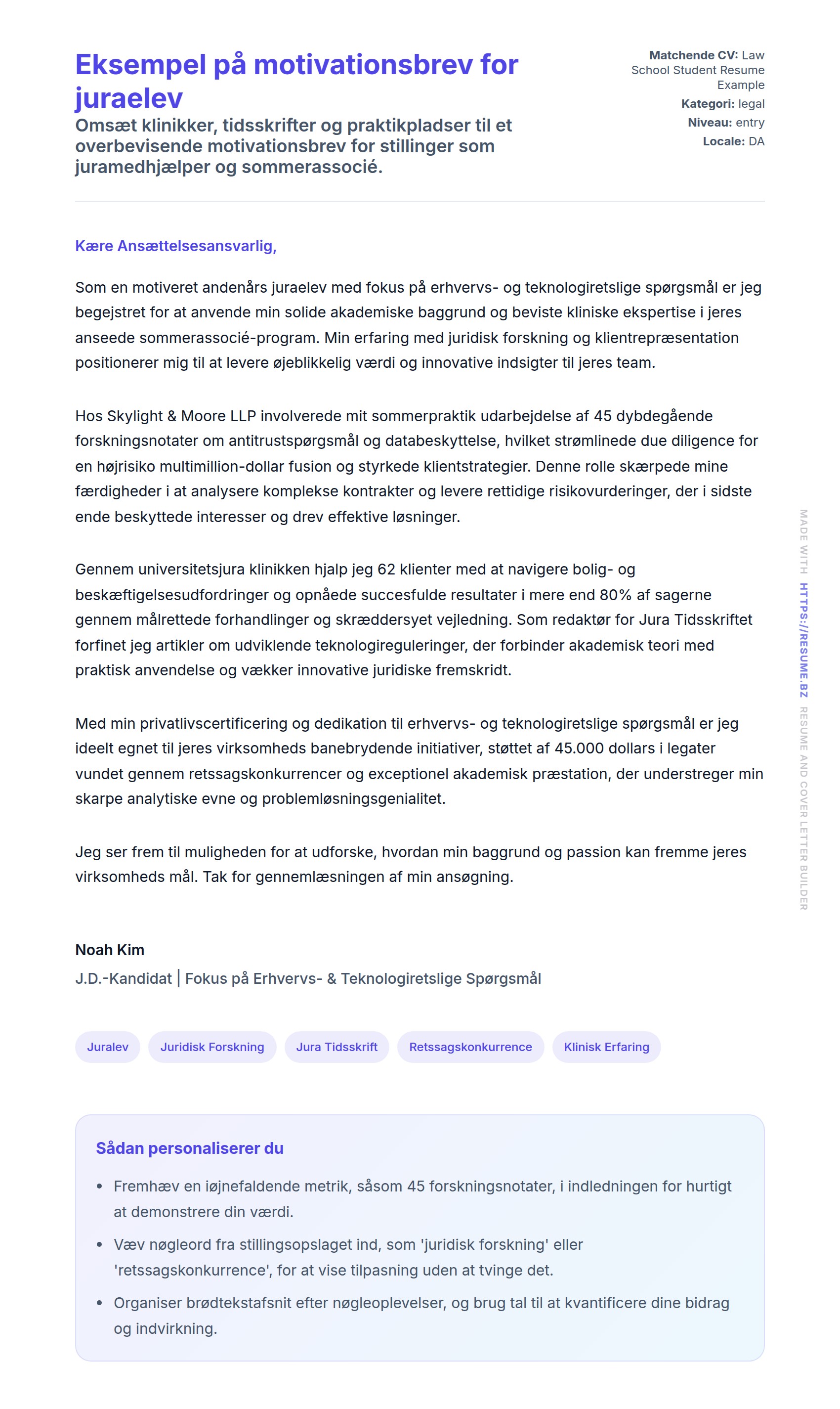 Eksempel på motivationsbrev for juraelev