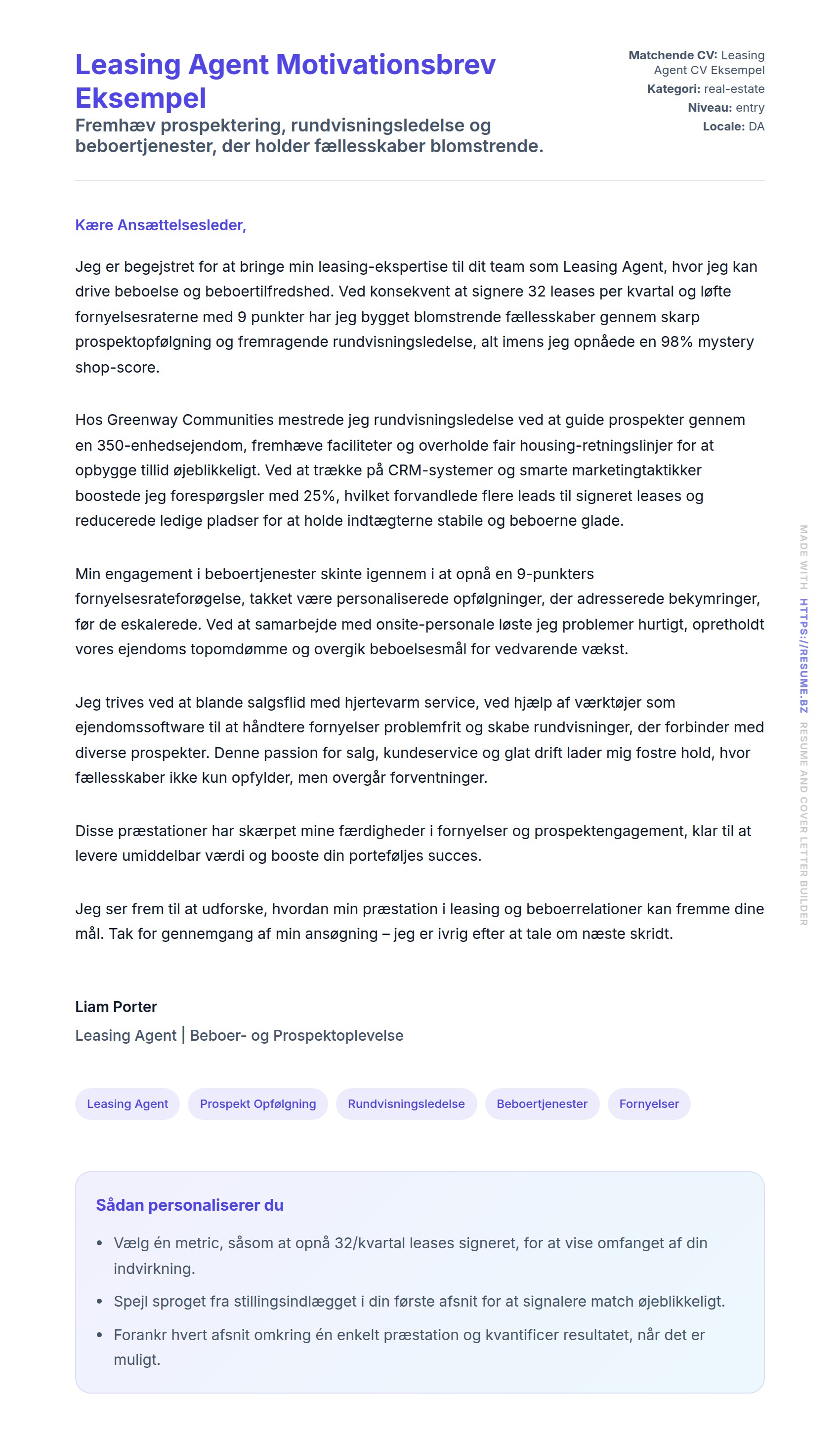 Ansøgningsbrev forhåndsvisning for Leasing Agent Motivationsbrev Eksempel
