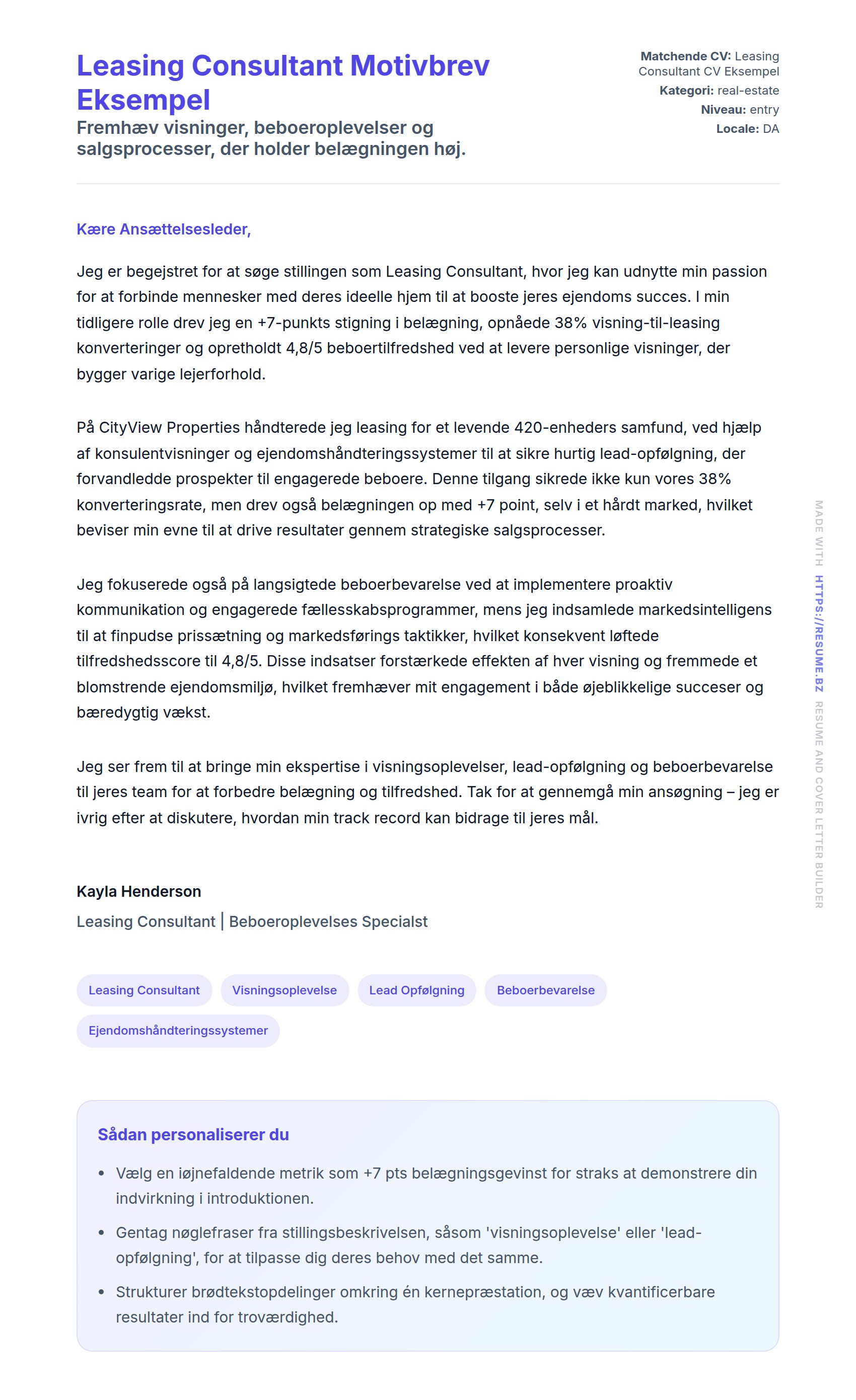 Ansøgningsbrev forhåndsvisning for Leasing Consultant Motivbrev Eksempel