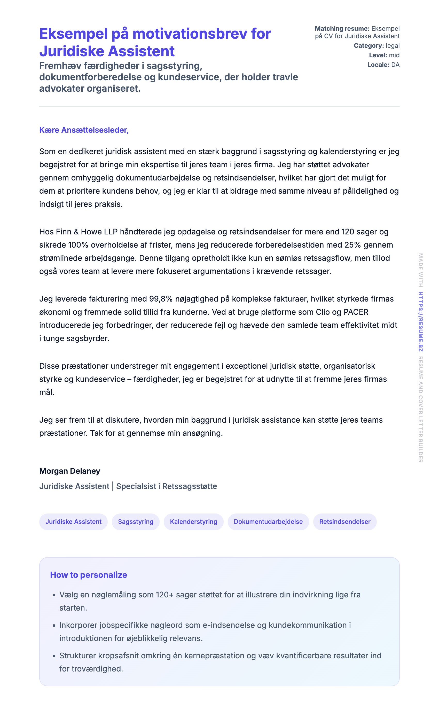 Ansøgningsbrev forhåndsvisning for Eksempel på motivationsbrev for Juridiske Assistent